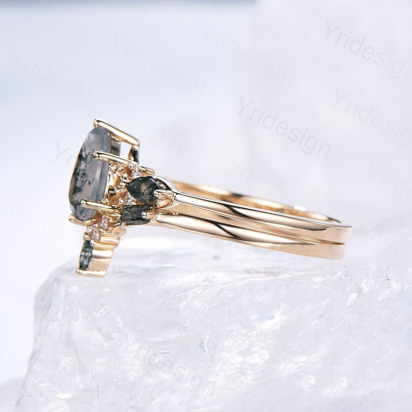 Solid 14K Yellow Gold Pear Shaped Natural Moss Agate Engagement Ring Set Unique Green Agate Agate Vine Art Deco Wedding Ring Set for Women