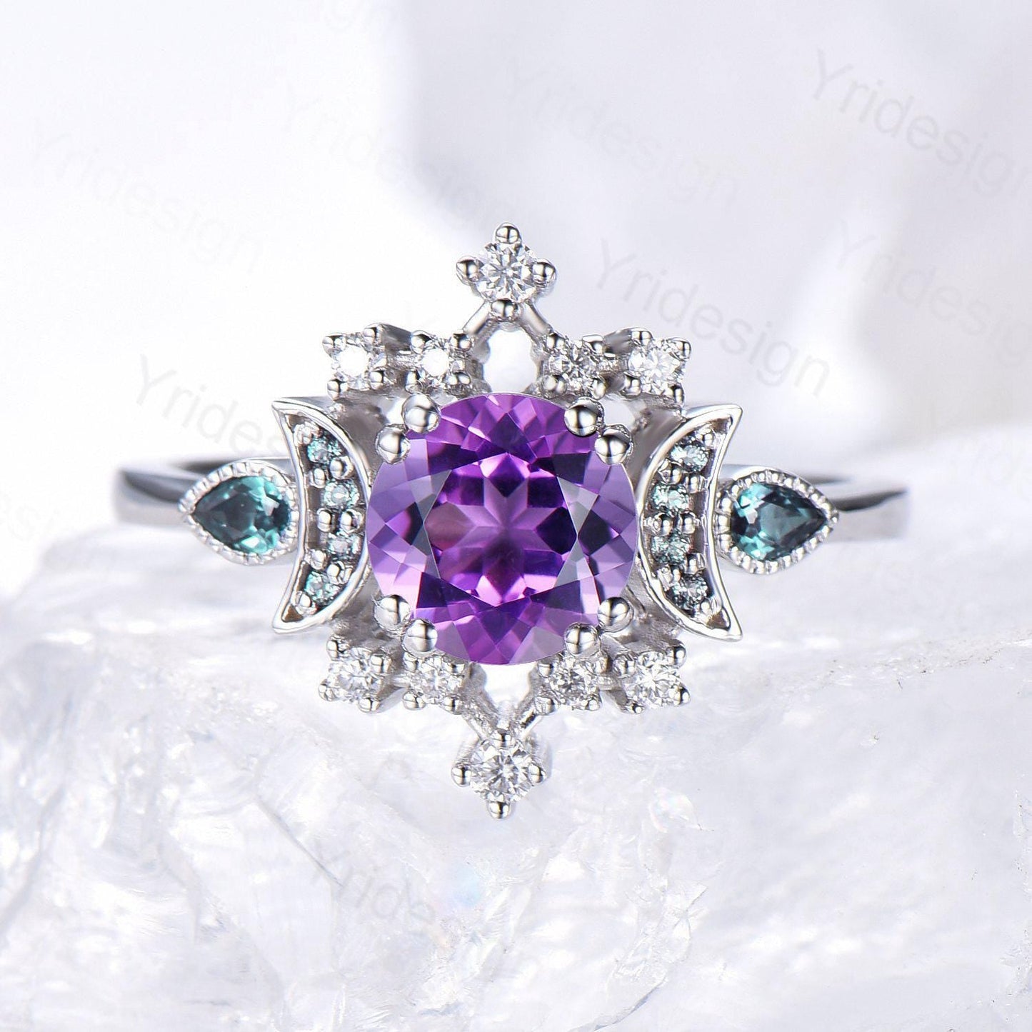 Vintage Purple Amethyst Engagement Ring Fancy Crescent Moon Alexandrite Wedding Ring Galaxy Star Art Deco Anniversary Ring Gift for Women
