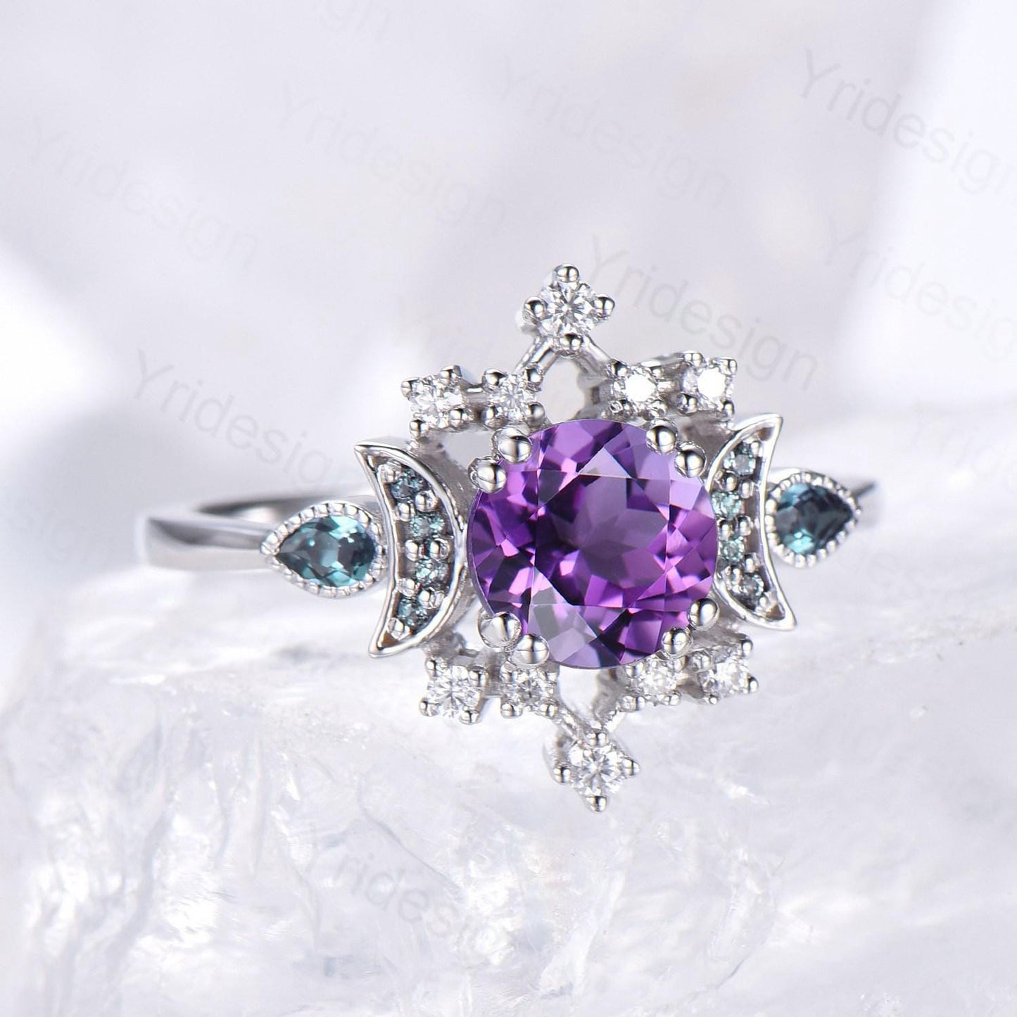 Vintage Purple Amethyst Engagement Ring Fancy Crescent Moon Alexandrite Wedding Ring Galaxy Star Art Deco Anniversary Ring Gift for Women
