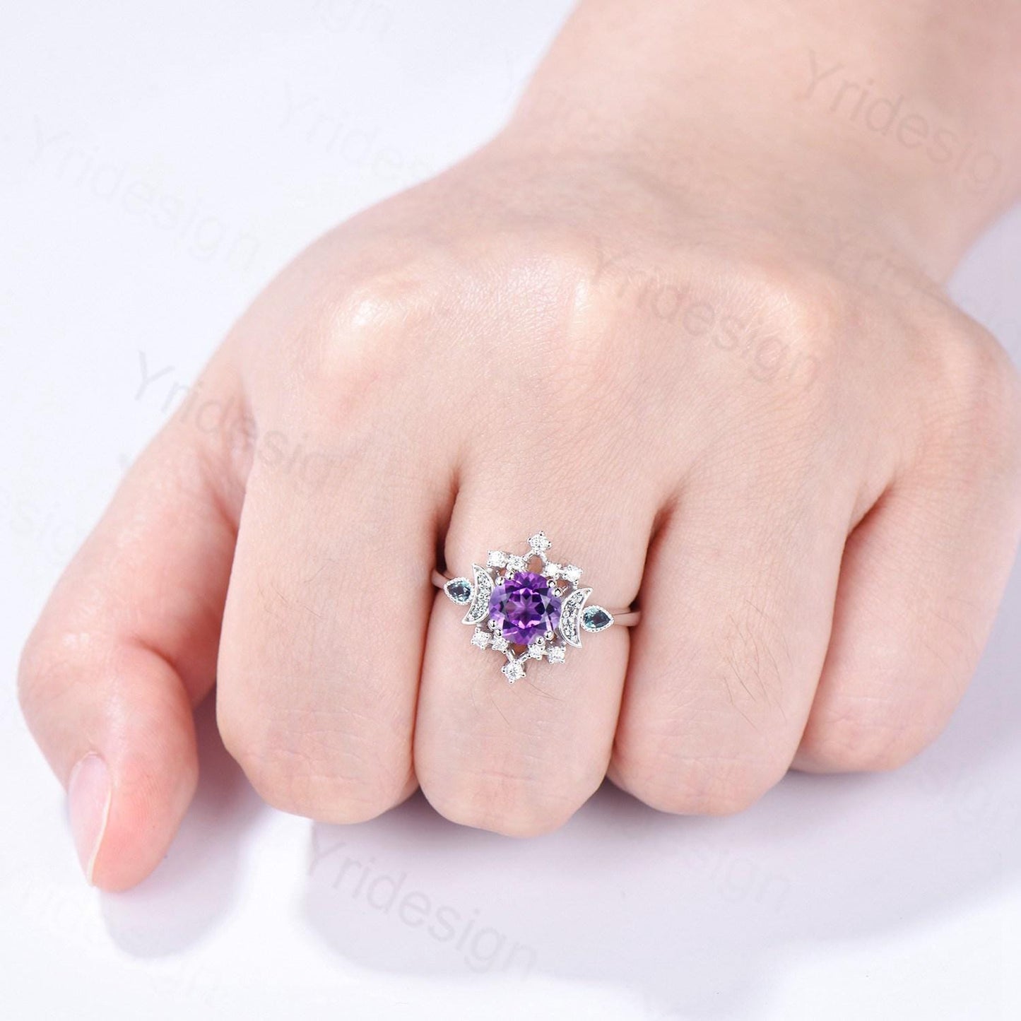 Vintage Purple Amethyst Engagement Ring Fancy Crescent Moon Alexandrite Wedding Ring Galaxy Star Art Deco Anniversary Ring Gift for Women