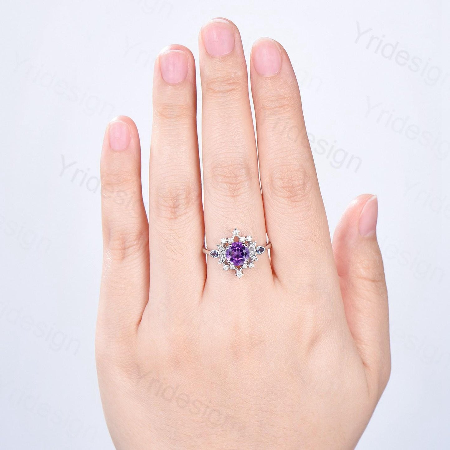 Vintage Purple Amethyst Engagement Ring Fancy Crescent Moon Alexandrite Wedding Ring Galaxy Star Art Deco Anniversary Ring Gift for Women