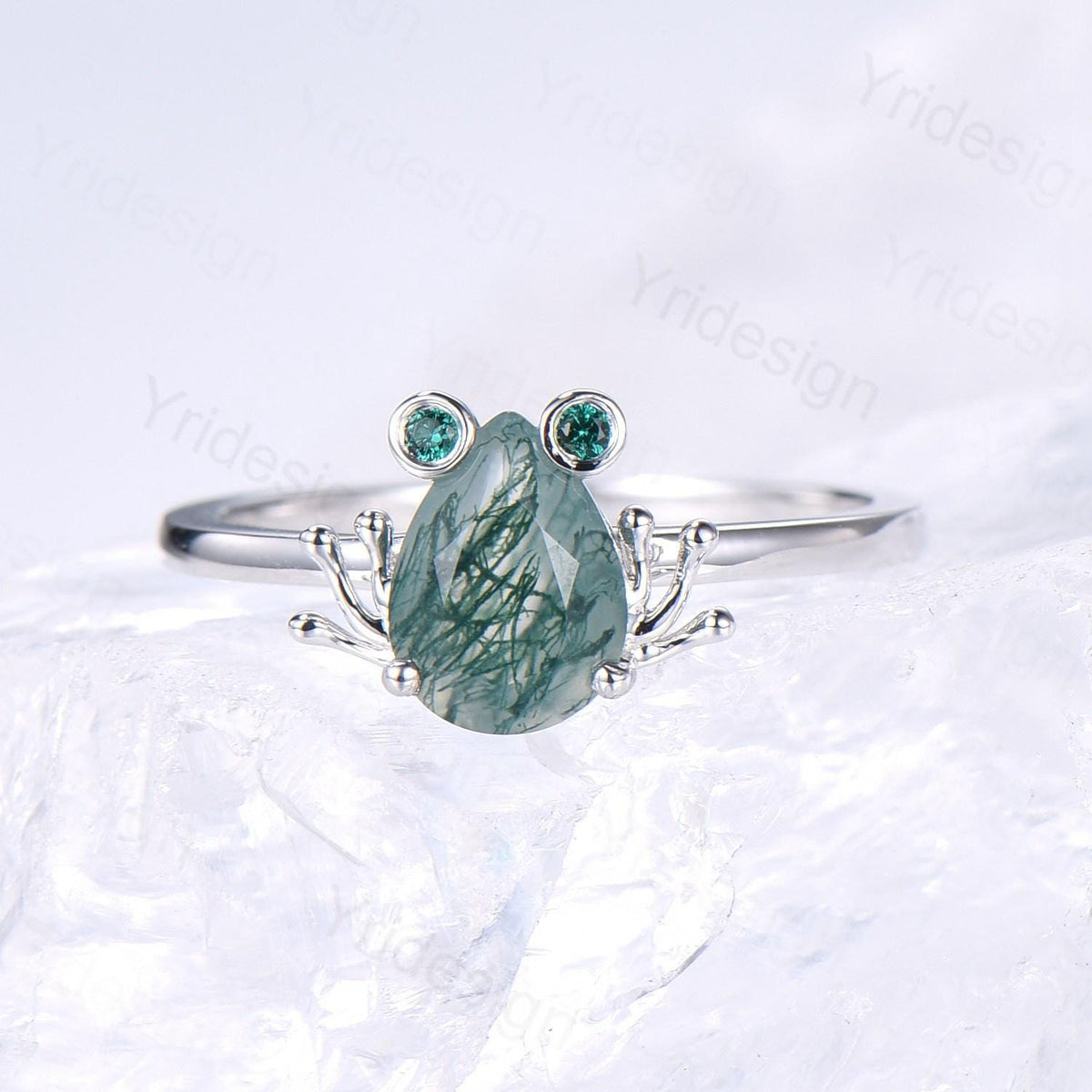 Unique moss agate engagement ring set, Frog animal inspired green agate wedding set, women pear shaped bridal set anniversary ring for girl