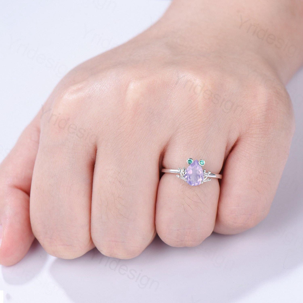 Unique Frog ring, Art Deco Lavender Amethyst engagement ring set,  Animal inspired green moss agate wedding set, Anniversary promise ring