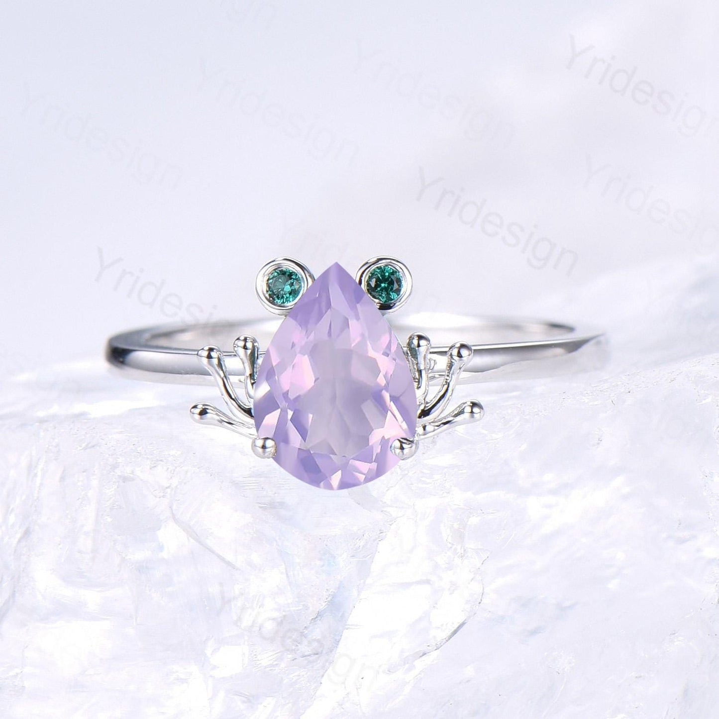 Unique Frog ring, Art Deco Lavender Amethyst engagement ring set,  Animal inspired green moss agate wedding set, Anniversary promise ring