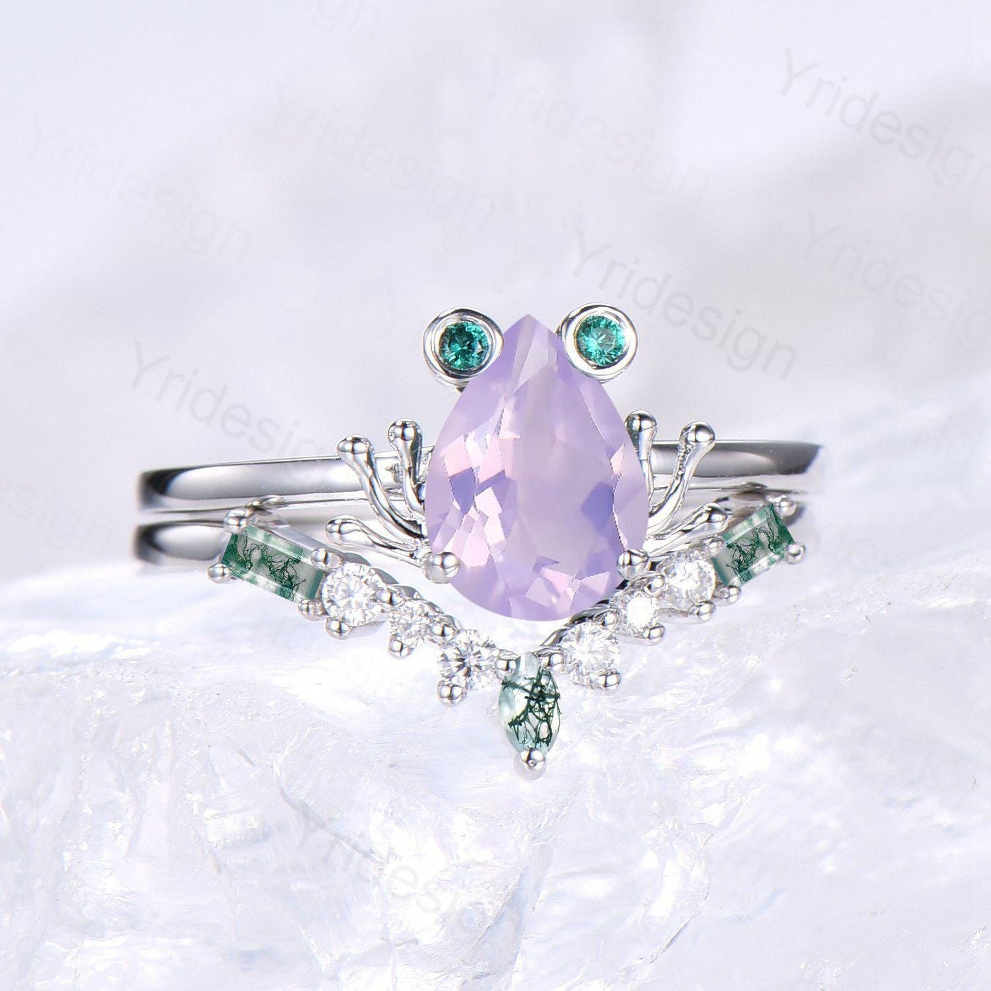 Unique Frog ring, Art Deco Lavender Amethyst engagement ring set,  Animal inspired green moss agate wedding set, Anniversary promise ring
