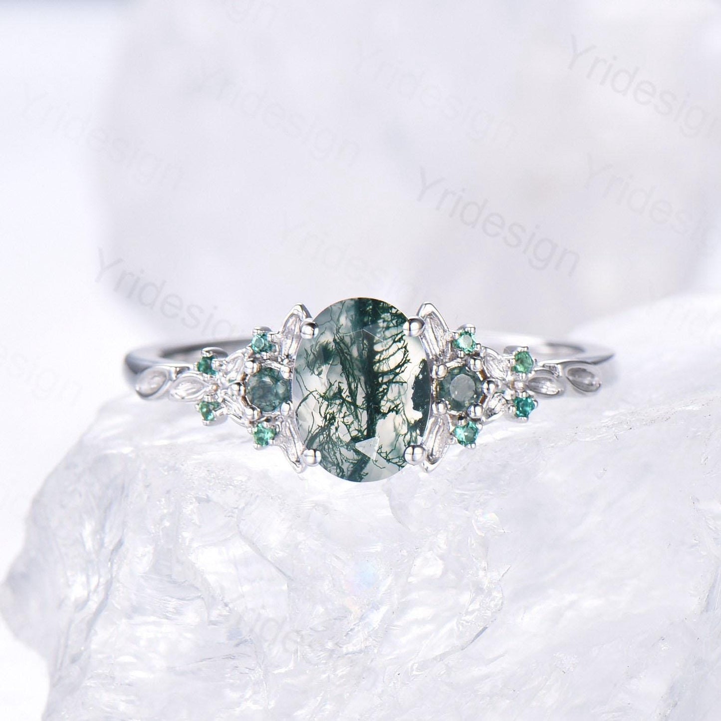1.5CT Oval Moss Agate Engagement Ring Unique Leaf Green Agate Cluster Emerald Wedding Ring White Gold Bridal Promise Ring Anniversary Gift