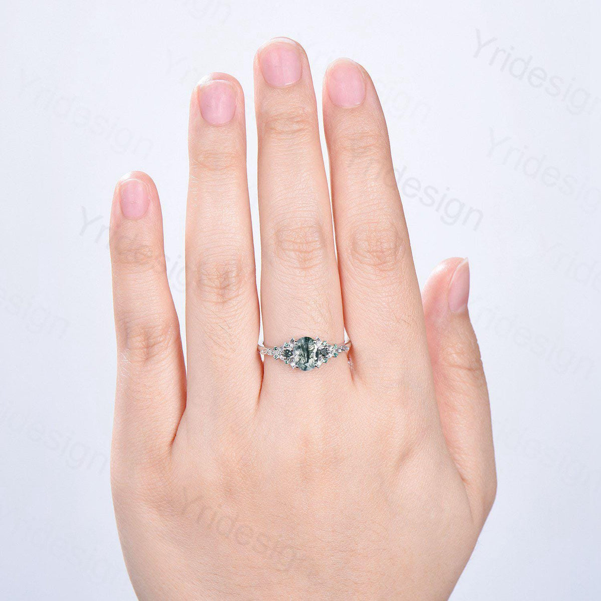 1.5CT Oval Moss Agate Engagement Ring Unique Leaf Green Agate Cluster Emerald Wedding Ring White Gold Bridal Promise Ring Anniversary Gift
