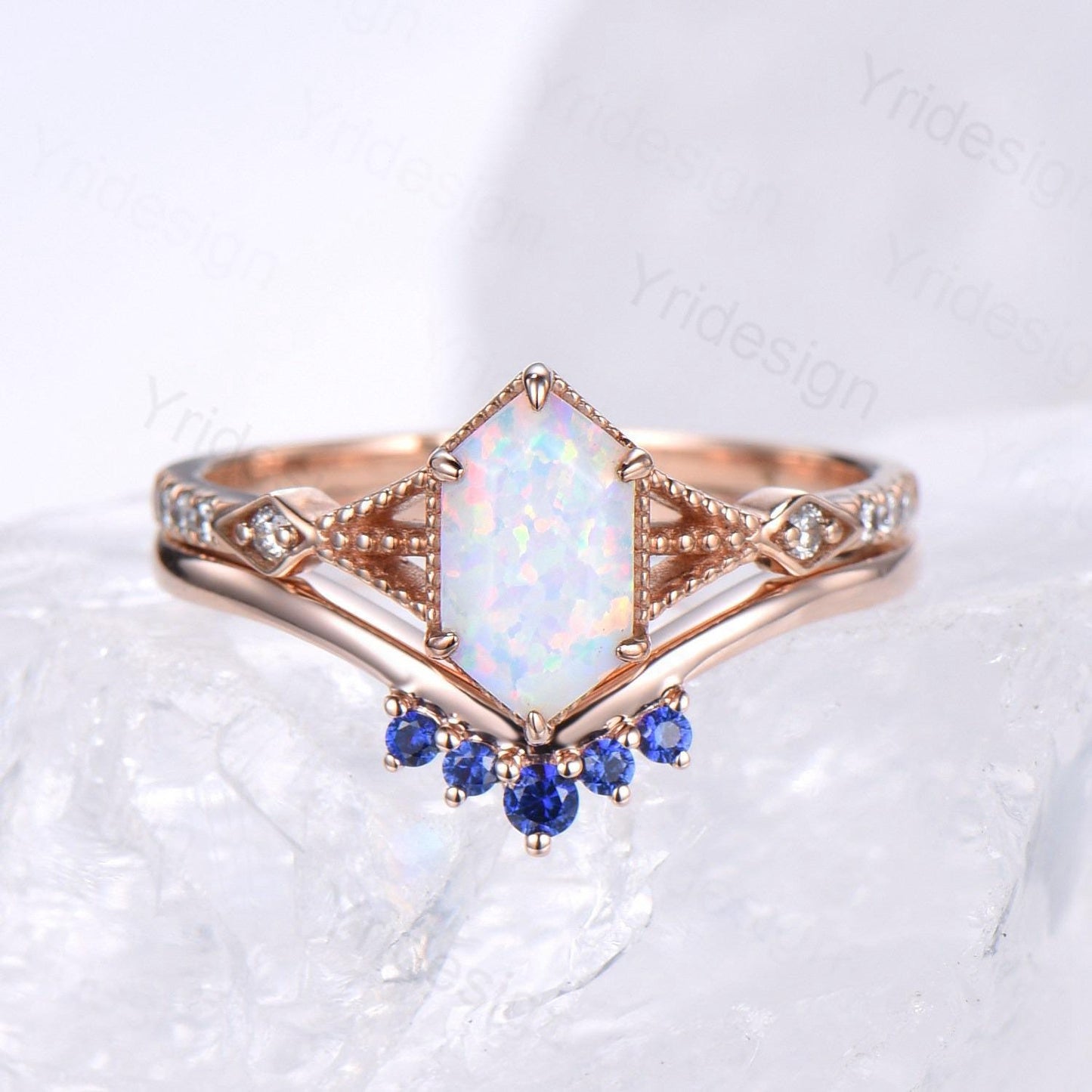 Vintage Long Hexagon White Opal Ring Set, Rose Gold Engagement Ring Set, Art Deco Blue Sapphire Stacking Band, Oval Cut Fire Opal Bridal Set