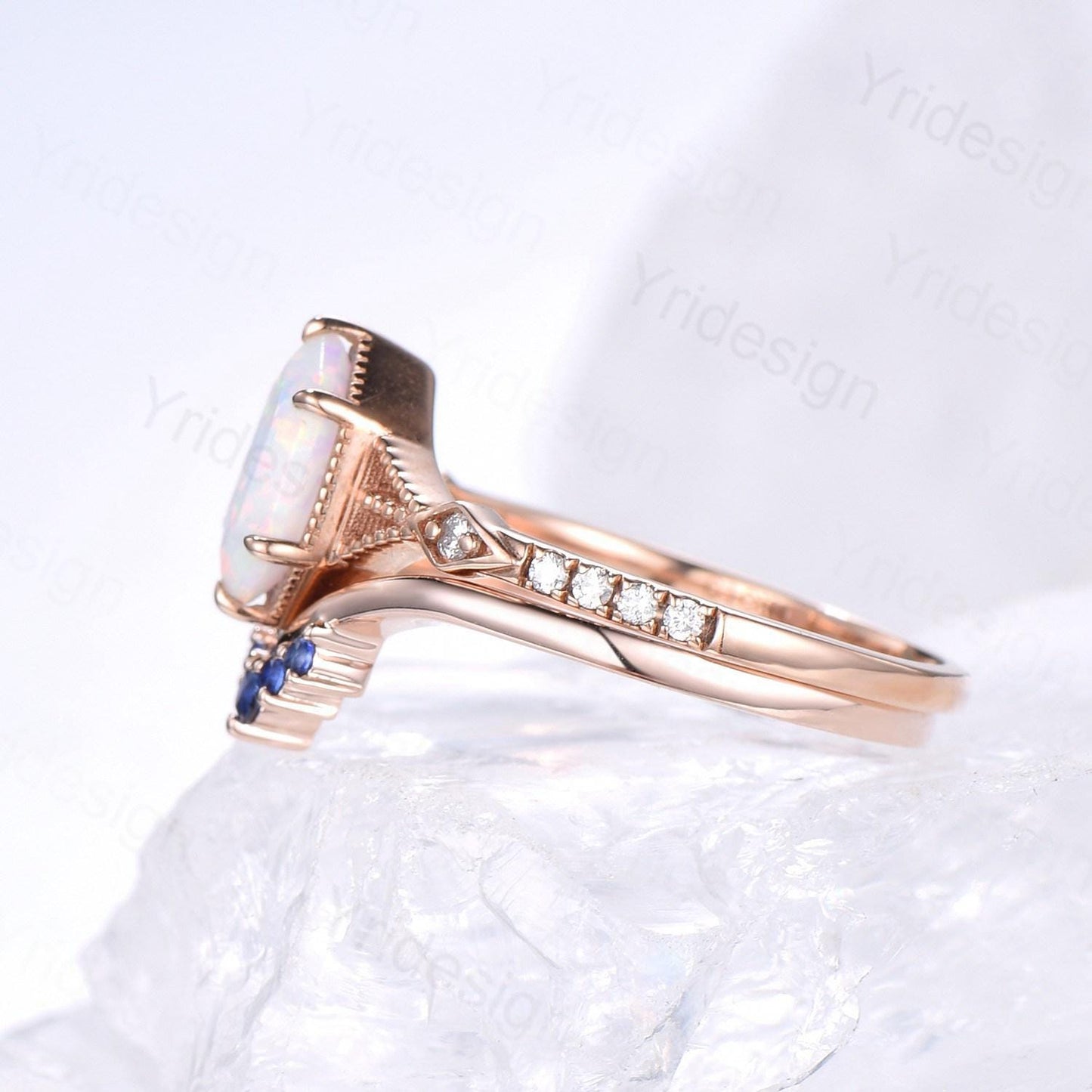 Vintage Long Hexagon White Opal Ring Set, Rose Gold Engagement Ring Set, Art Deco Blue Sapphire Stacking Band, Oval Cut Fire Opal Bridal Set