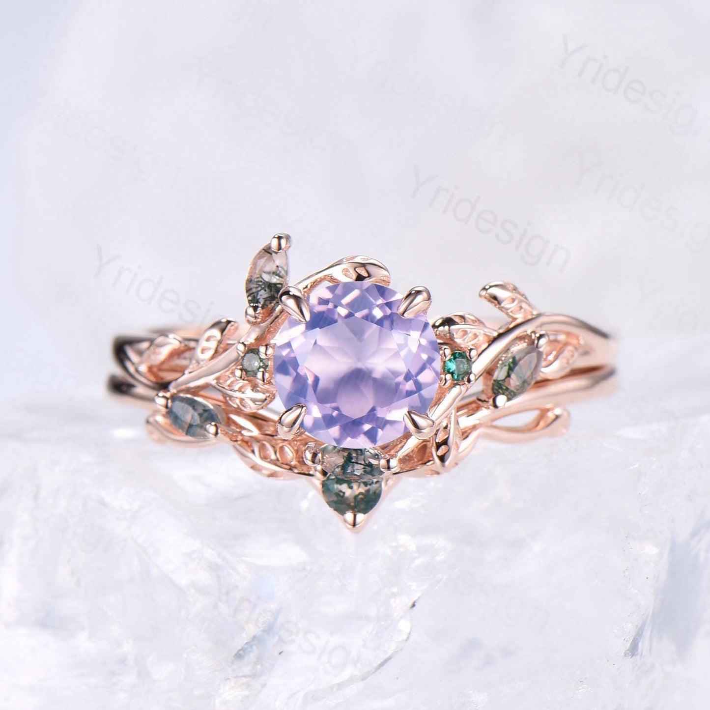 Elegant Natural Lavender Amethyst Engagement Ring Set Unique Nature Inspired Green Moss Agate Wedding Ring Set Rose Gold Stacking Band Women