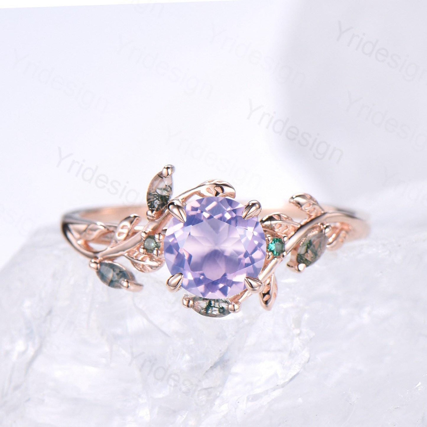 Elegant Natural Lavender Amethyst Engagement Ring Set Unique Nature Inspired Green Moss Agate Wedding Ring Set Rose Gold Stacking Band Women