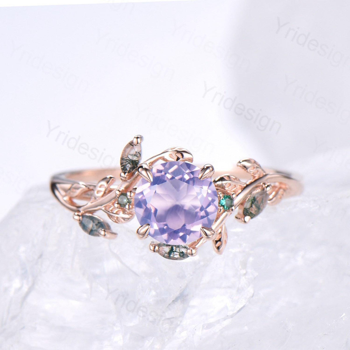 Unique Round Lavender Amethyst Engagement Ring Silver 14K White Gold Nature Inspired Green Moss Agate Emerald Wedding Ring Twig Vine Ring