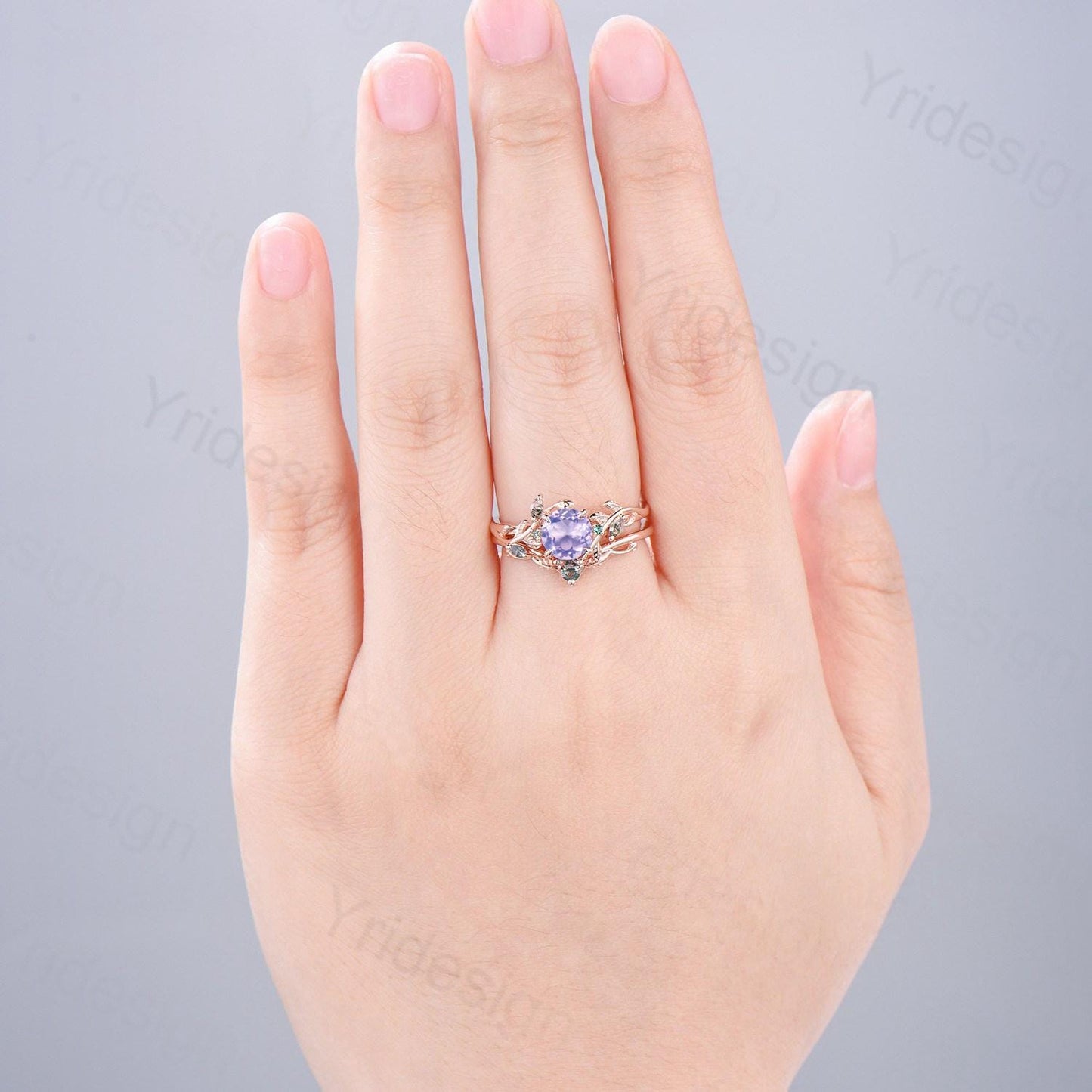 Elegant Natural Lavender Amethyst Engagement Ring Set Unique Nature Inspired Green Moss Agate Wedding Ring Set Rose Gold Stacking Band Women
