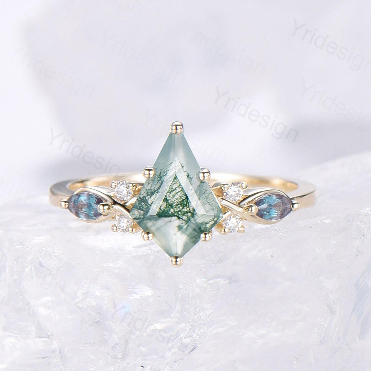 Natural Kite Cut Green Moss Agate Engagement Ring Set Seven Stone Silver Yellow Gold Cluster Alexandrite Wedding Ring Set Ring Leaf Band