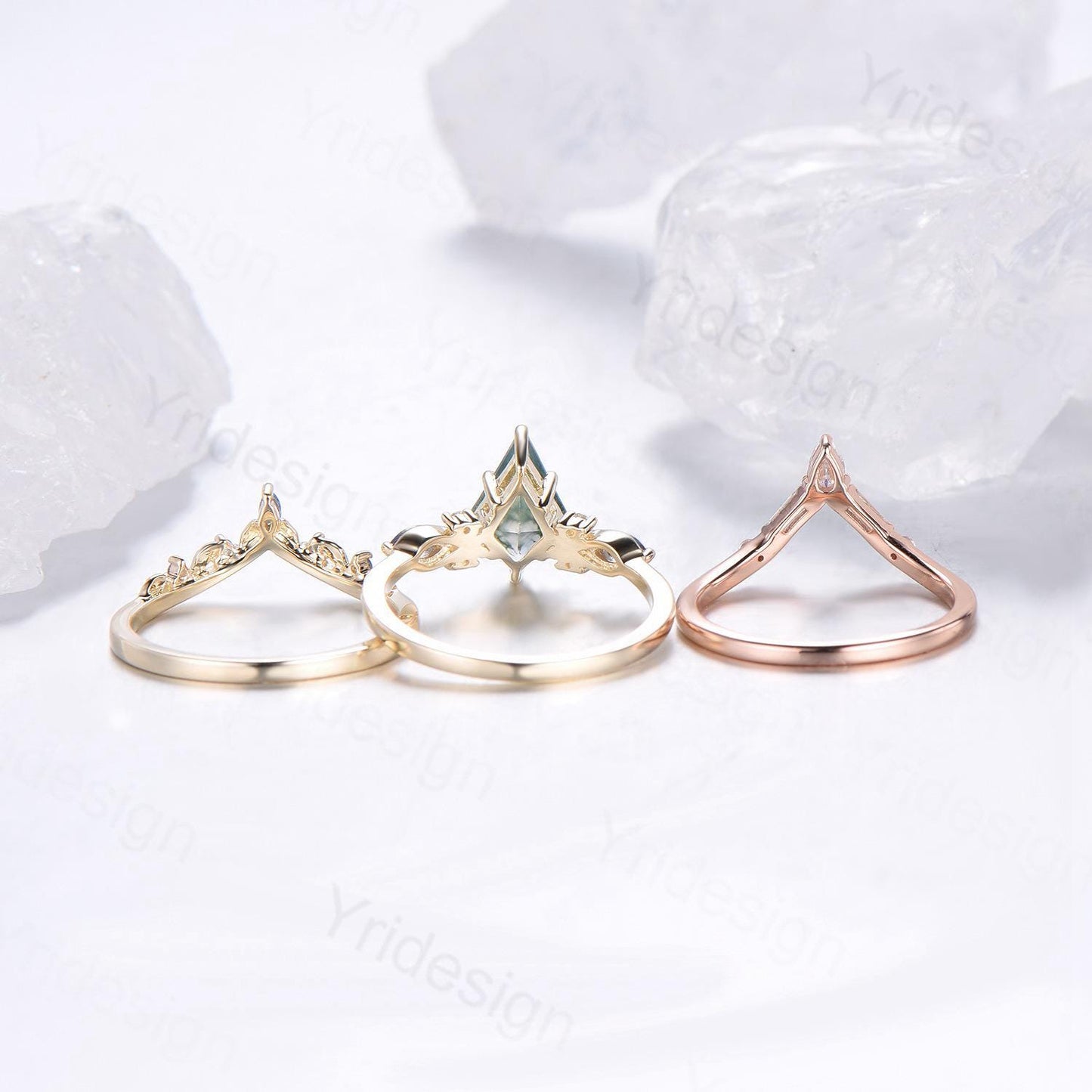 Natural Kite Cut Green Moss Agate Engagement Ring Set Seven Stone Silver Yellow Gold Cluster Alexandrite Wedding Ring Set Ring Leaf Band