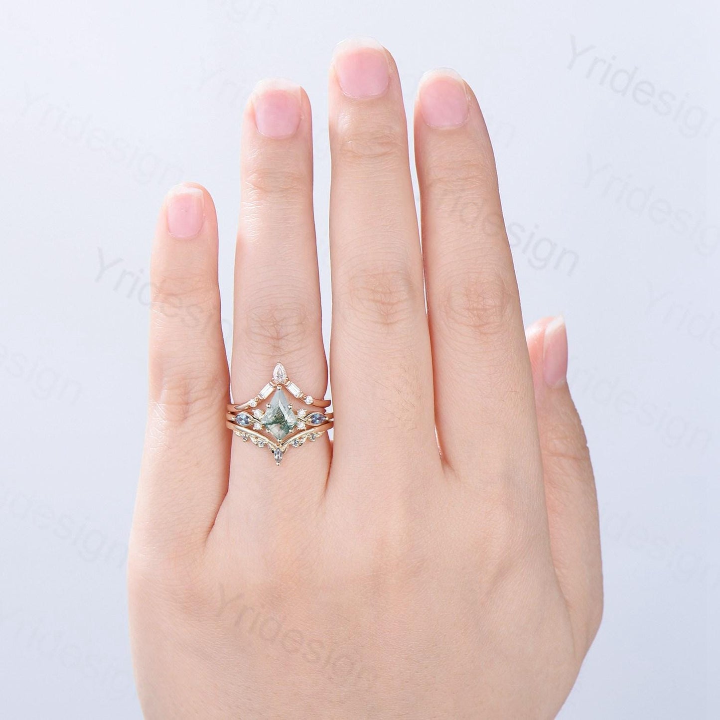 Natural Kite Cut Green Moss Agate Engagement Ring Set Seven Stone Silver Yellow Gold Cluster Alexandrite Wedding Ring Set Ring Leaf Band