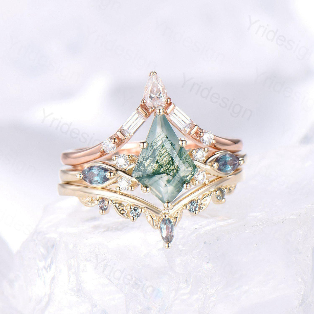 Natural Kite Cut Green Moss Agate Engagement Ring Set Seven Stone Silver Yellow Gold Cluster Alexandrite Wedding Ring Set Ring Leaf Band