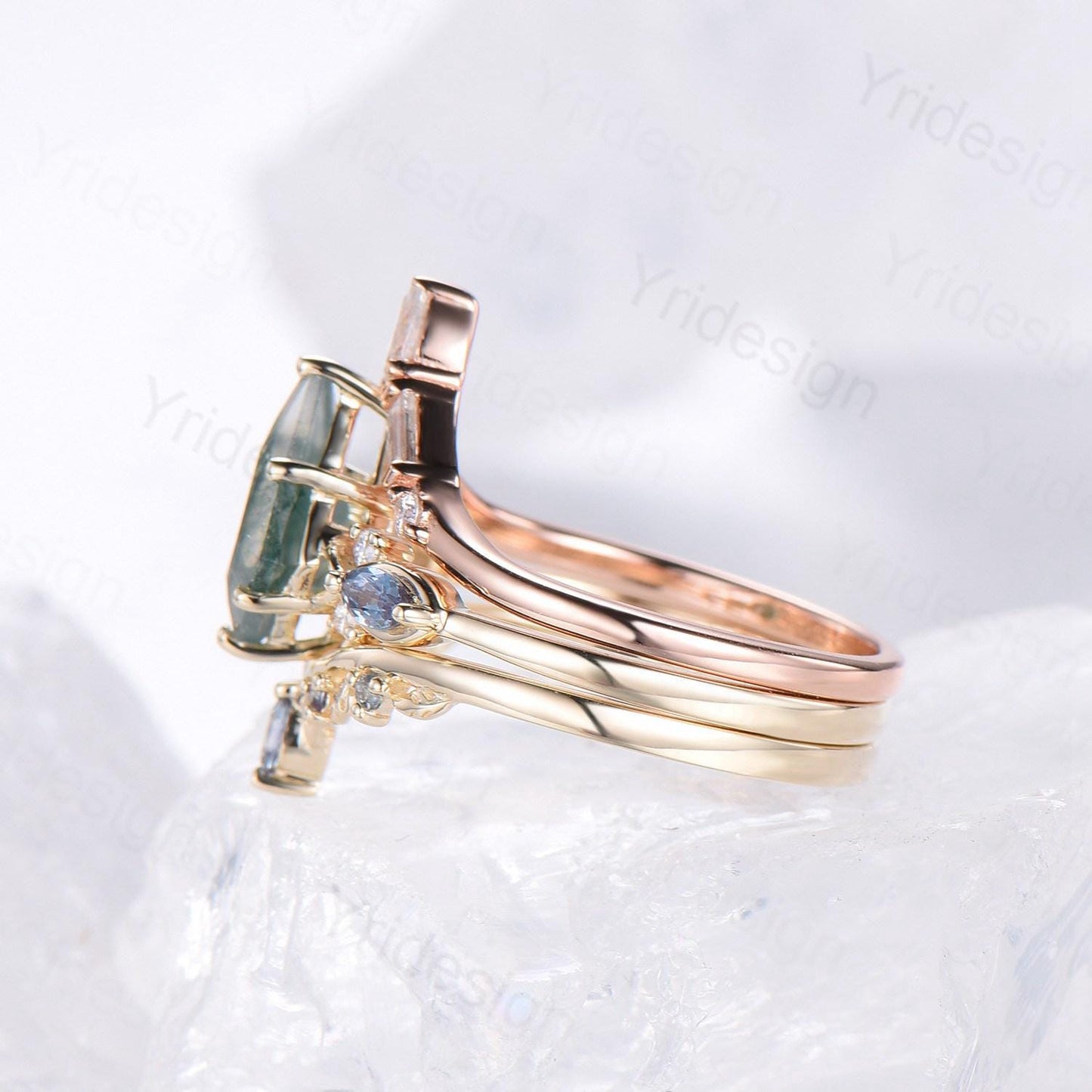 Natural Kite Cut Green Moss Agate Engagement Ring Set Seven Stone Silver Yellow Gold Cluster Alexandrite Wedding Ring Set Ring Leaf Band