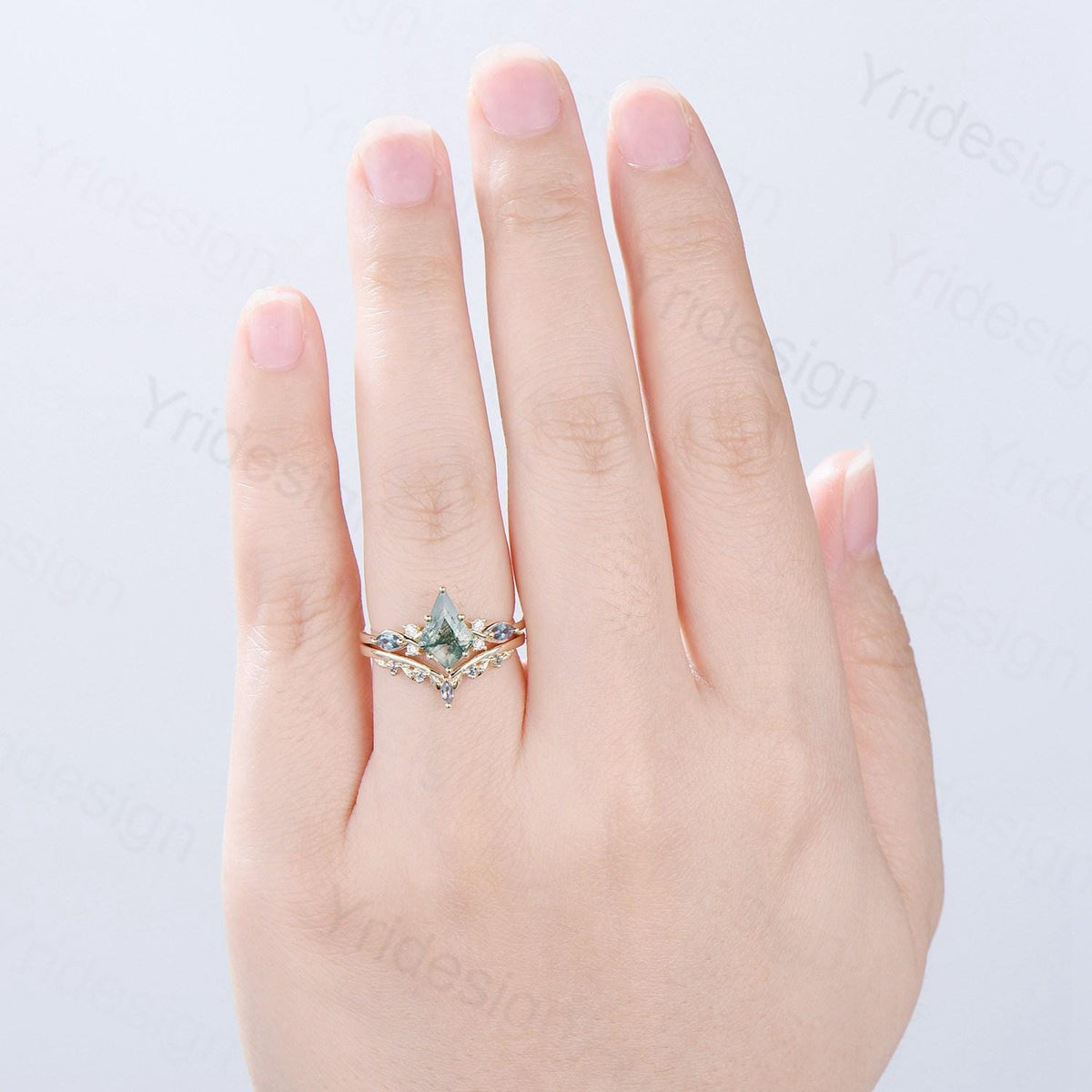 Natural Kite Cut Green Moss Agate Engagement Ring Set Seven Stone Silver Yellow Gold Cluster Alexandrite Wedding Ring Set Ring Leaf Band