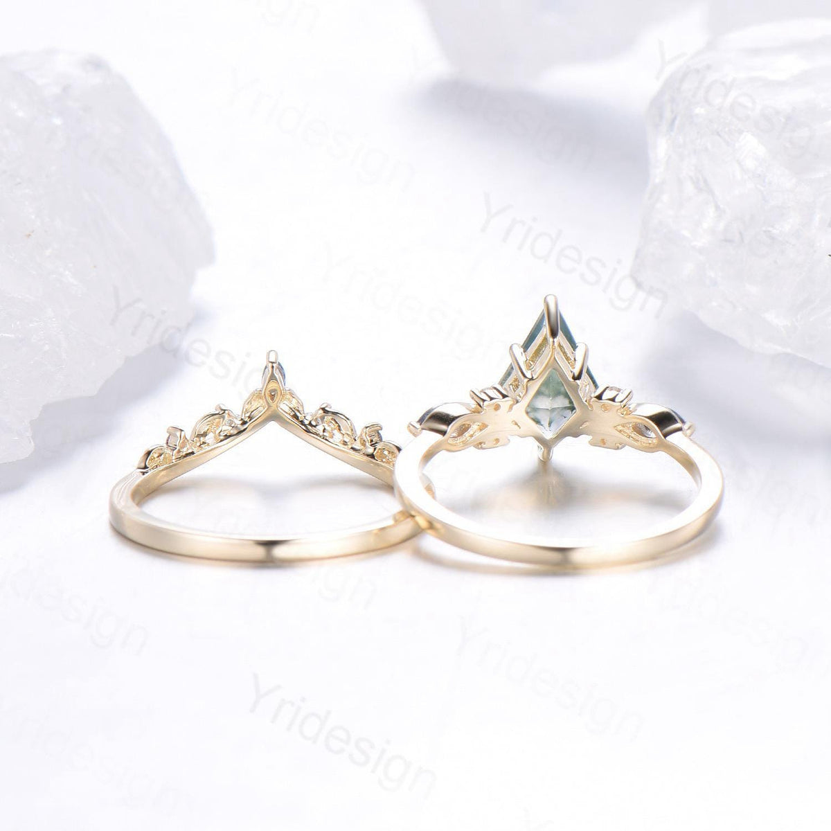 Natural Kite Cut Green Moss Agate Engagement Ring Set Seven Stone Silver Yellow Gold Cluster Alexandrite Wedding Ring Set Ring Leaf Band