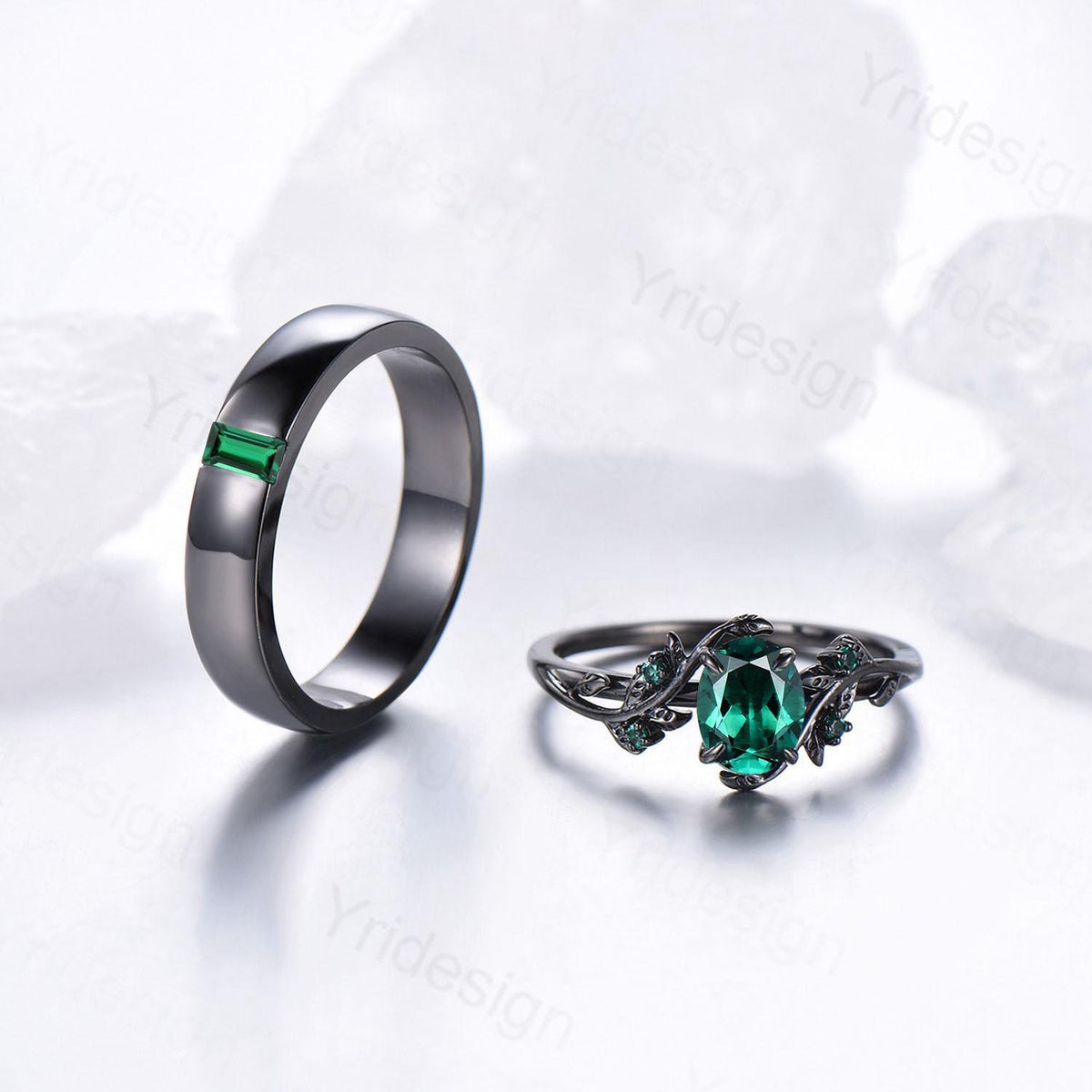 Couples ring set black gold emerald wedding ring set vintage bridal ring men and women His Hers engagement ring promise anniversary gift