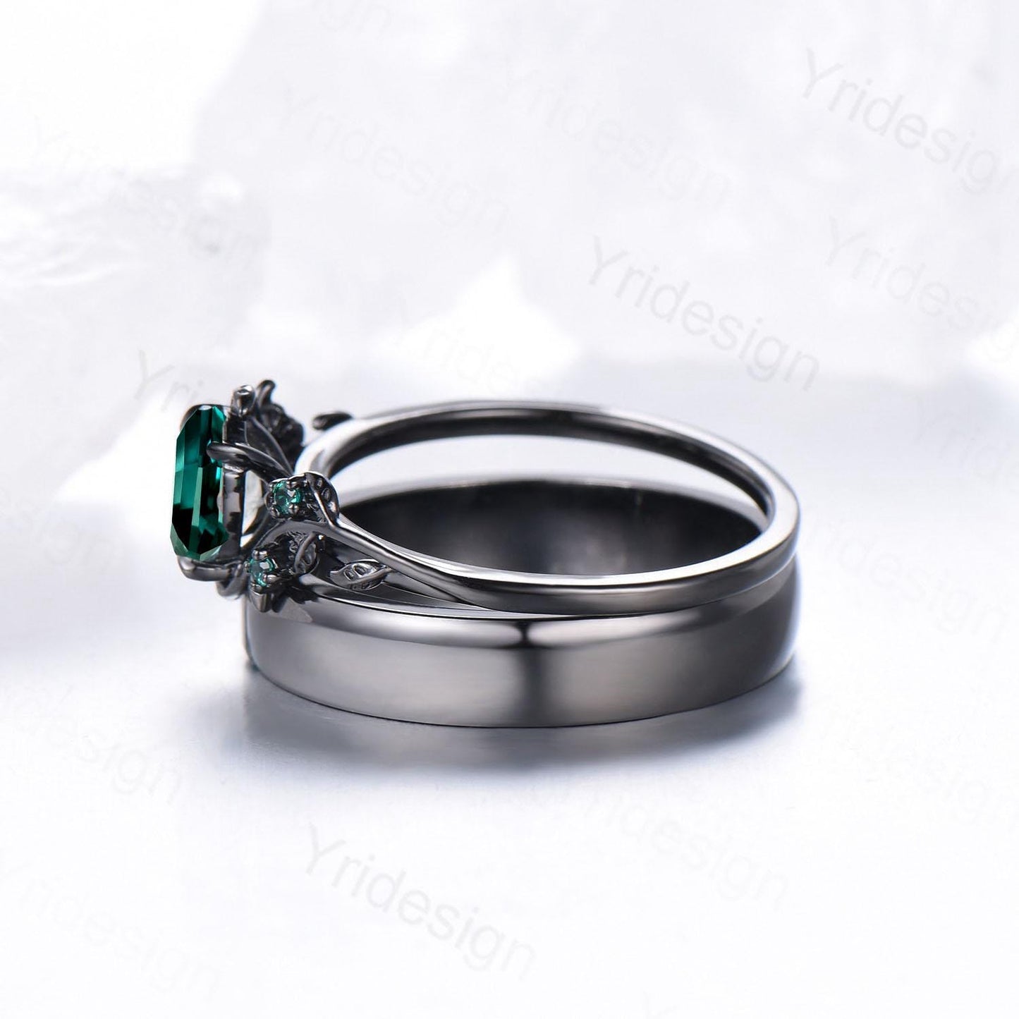 Couples ring set black gold fire opal wedding ring set emerald bridal ring men and women His Hers engagement ring promise anniversary gift