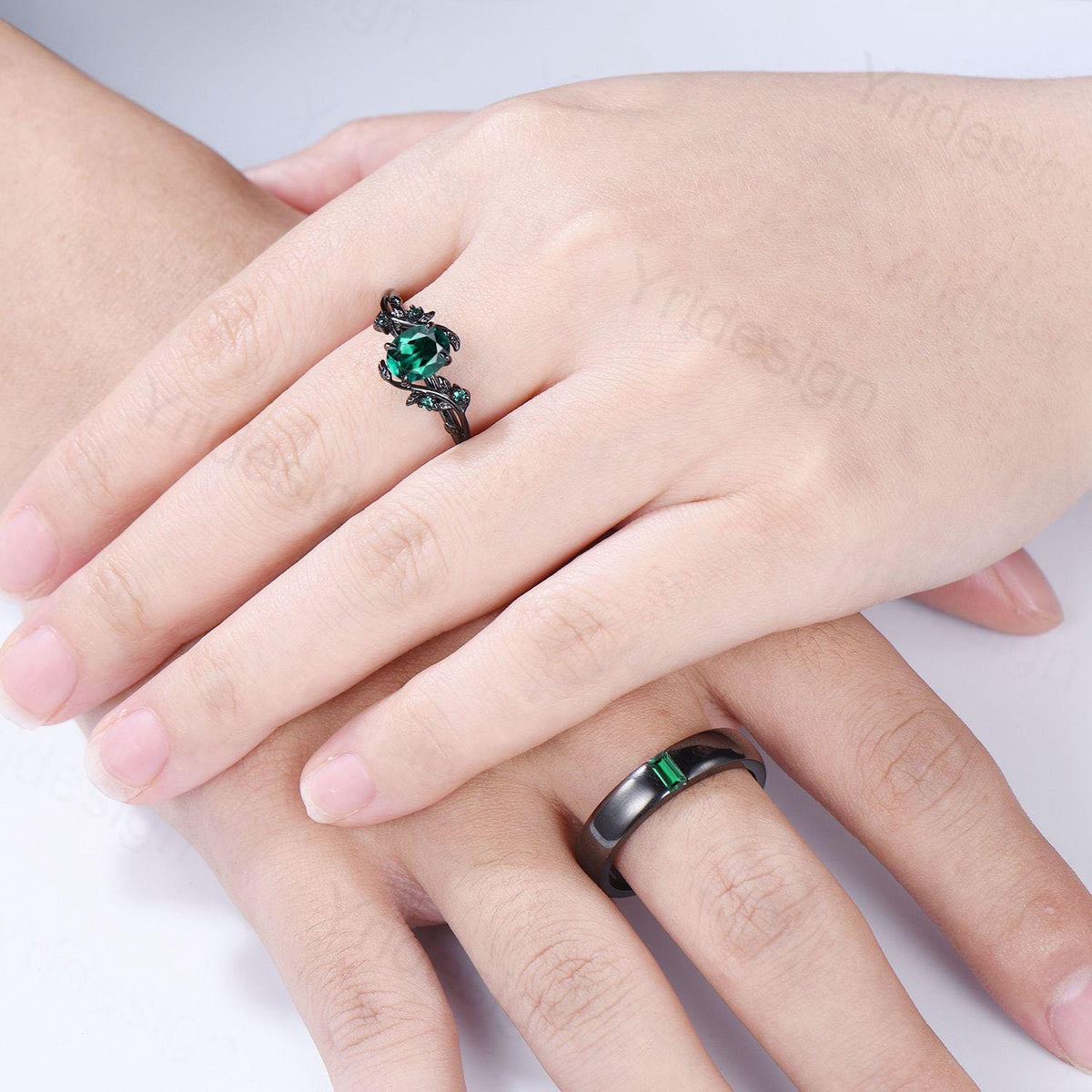 Couples ring set black gold emerald wedding ring set vintage bridal ring men and women His Hers engagement ring promise anniversary gift