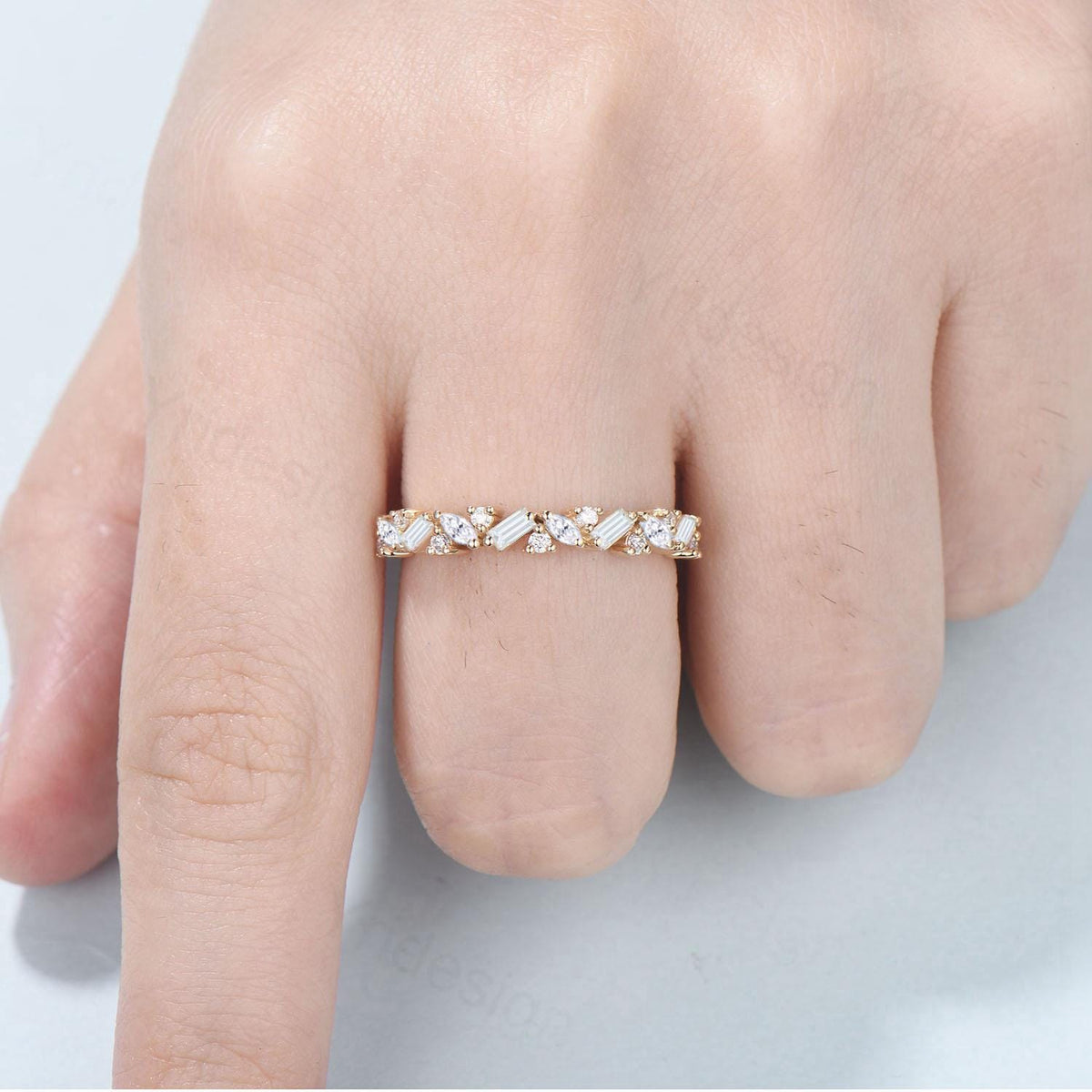 Vintage Moissanite Eternity Wedding Band Women Unique Cluster Baguette Moissanite Stackable Ring Marquise  Matching Band Bridal promise gift