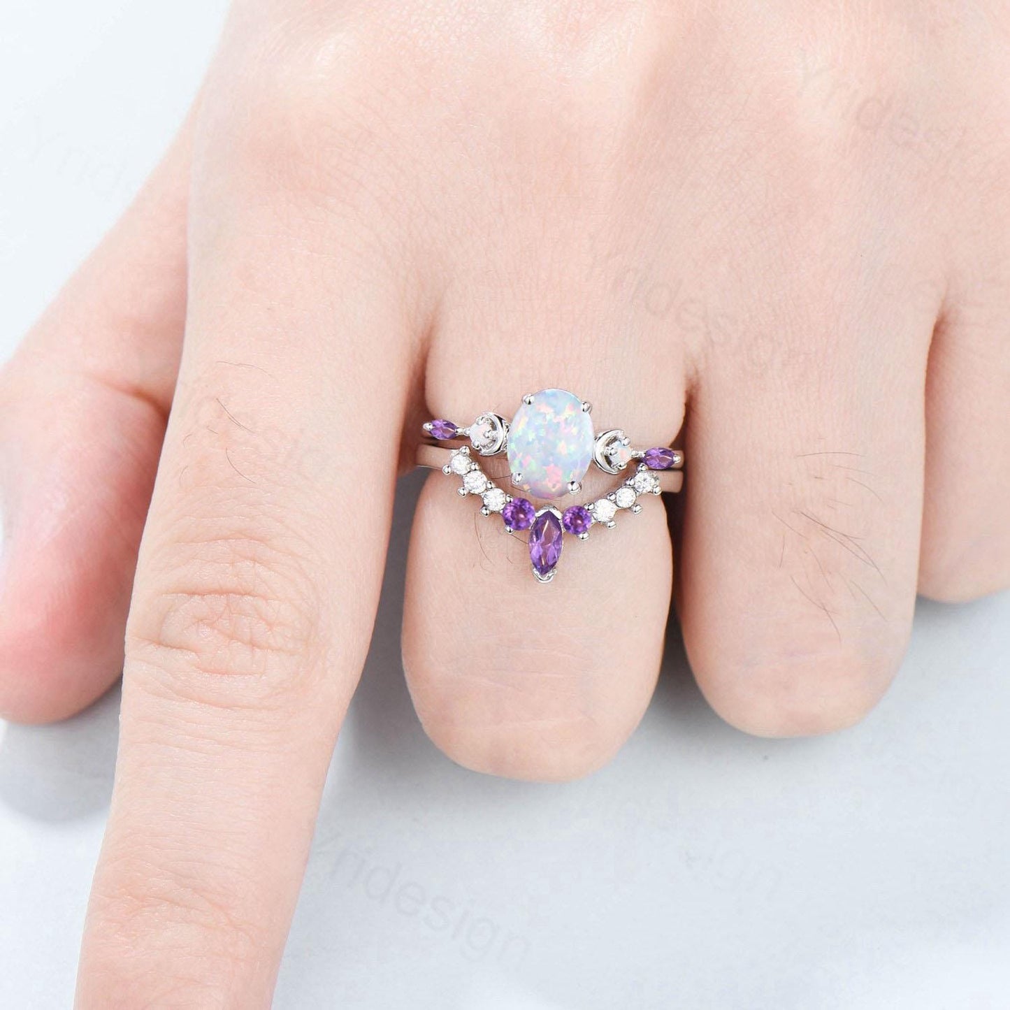 Vintage Oval Opal Engagement Ring Set Unique Marquise Amethyst Moon Fire Opal Wedding Ring 925 Sterling Silver 2pcs Bridal Ring Set Women