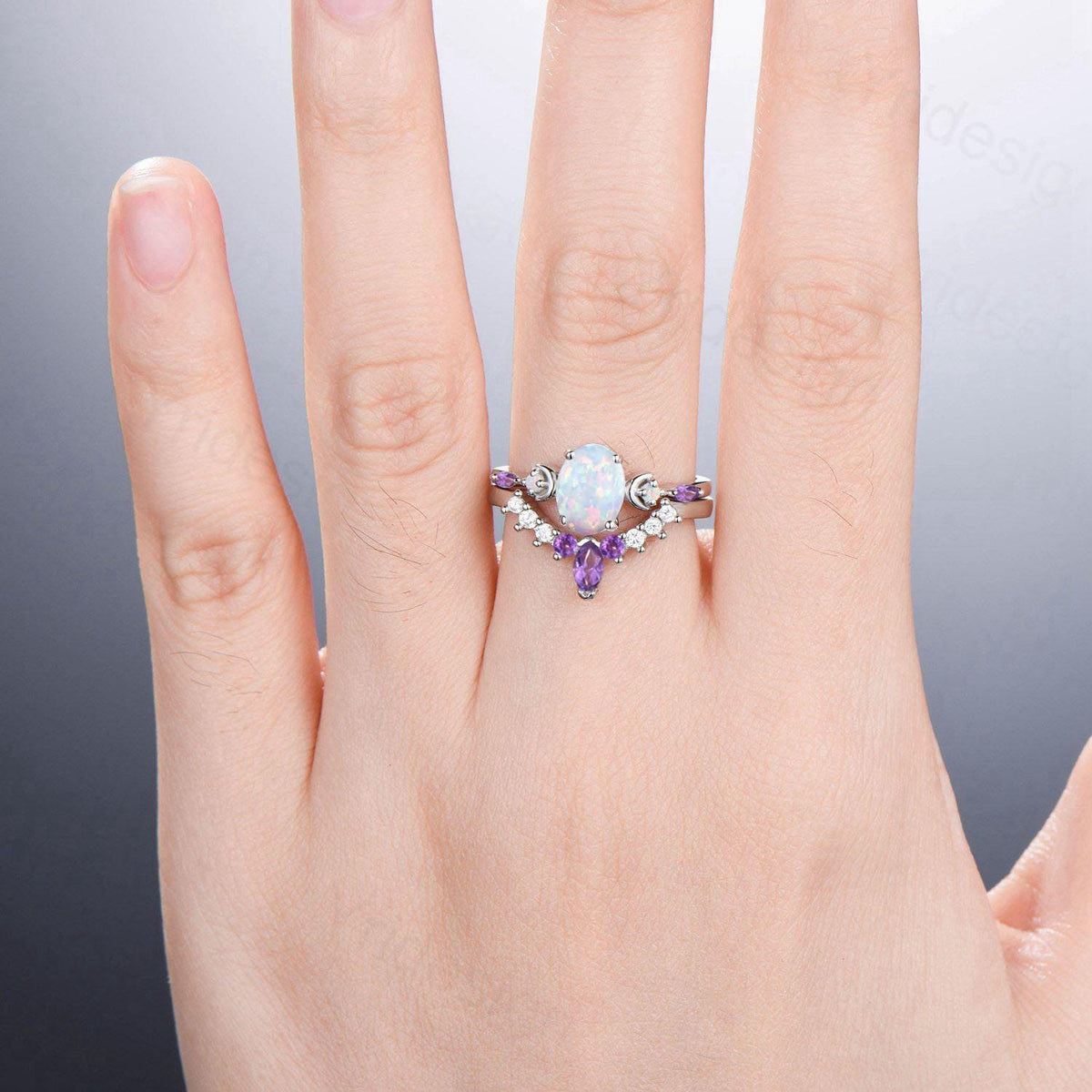 Vintage Oval Opal Engagement Ring Set Unique Marquise Amethyst Moon Fire Opal Wedding Ring 925 Sterling Silver 2pcs Bridal Ring Set Women