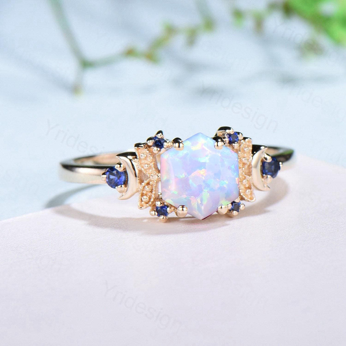 Vintage Moon opal engagement ring unique hexagon cut white opal milgrain wedding ring rose gold cluster sapphire ring handmade proposal gift