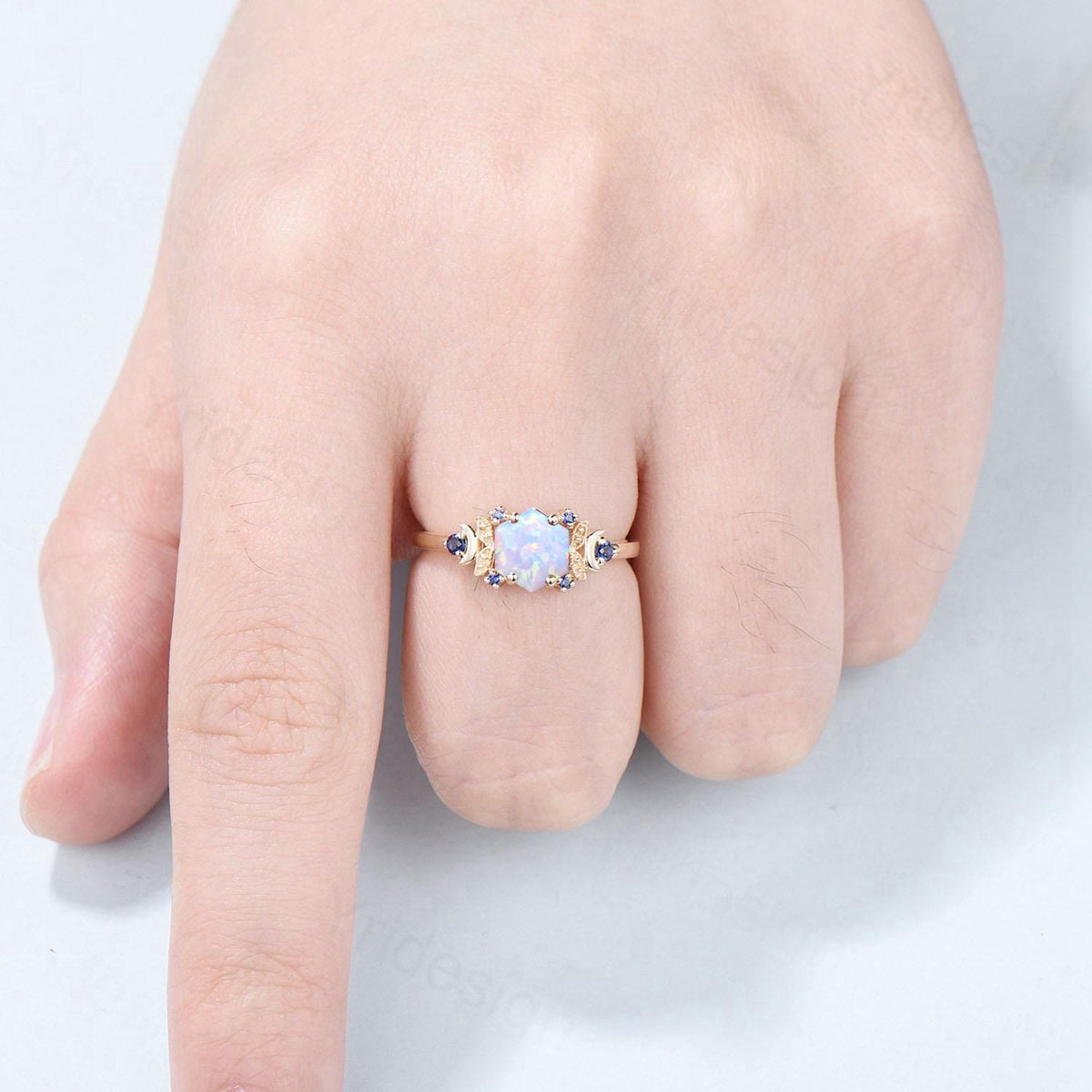 Vintage Moon opal engagement ring unique hexagon cut white opal milgrain wedding ring rose gold cluster sapphire ring handmade proposal gift