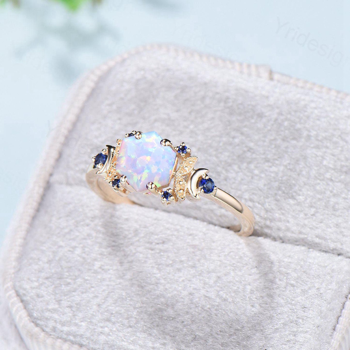 Vintage Moon opal engagement ring unique hexagon cut white opal milgrain wedding ring rose gold cluster sapphire ring handmade proposal gift
