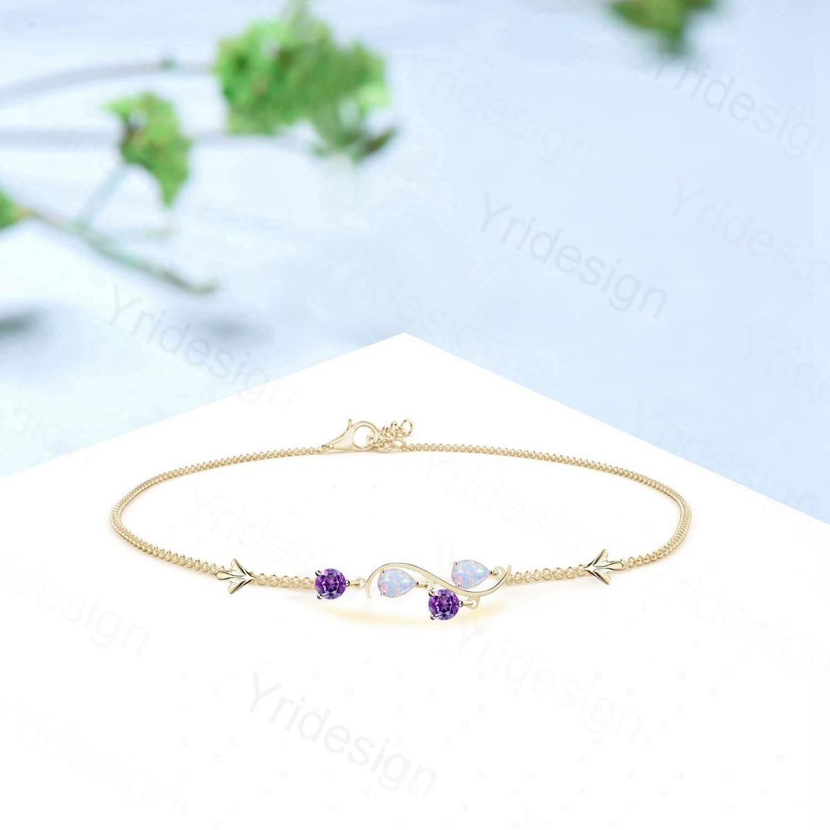 Minimalist Pear Shaped White Opal Bracelet Elegant Fire Opal Amethyst Lobster Claw Bracelet Silver Rose Gold Art Deco Anniversary Gift