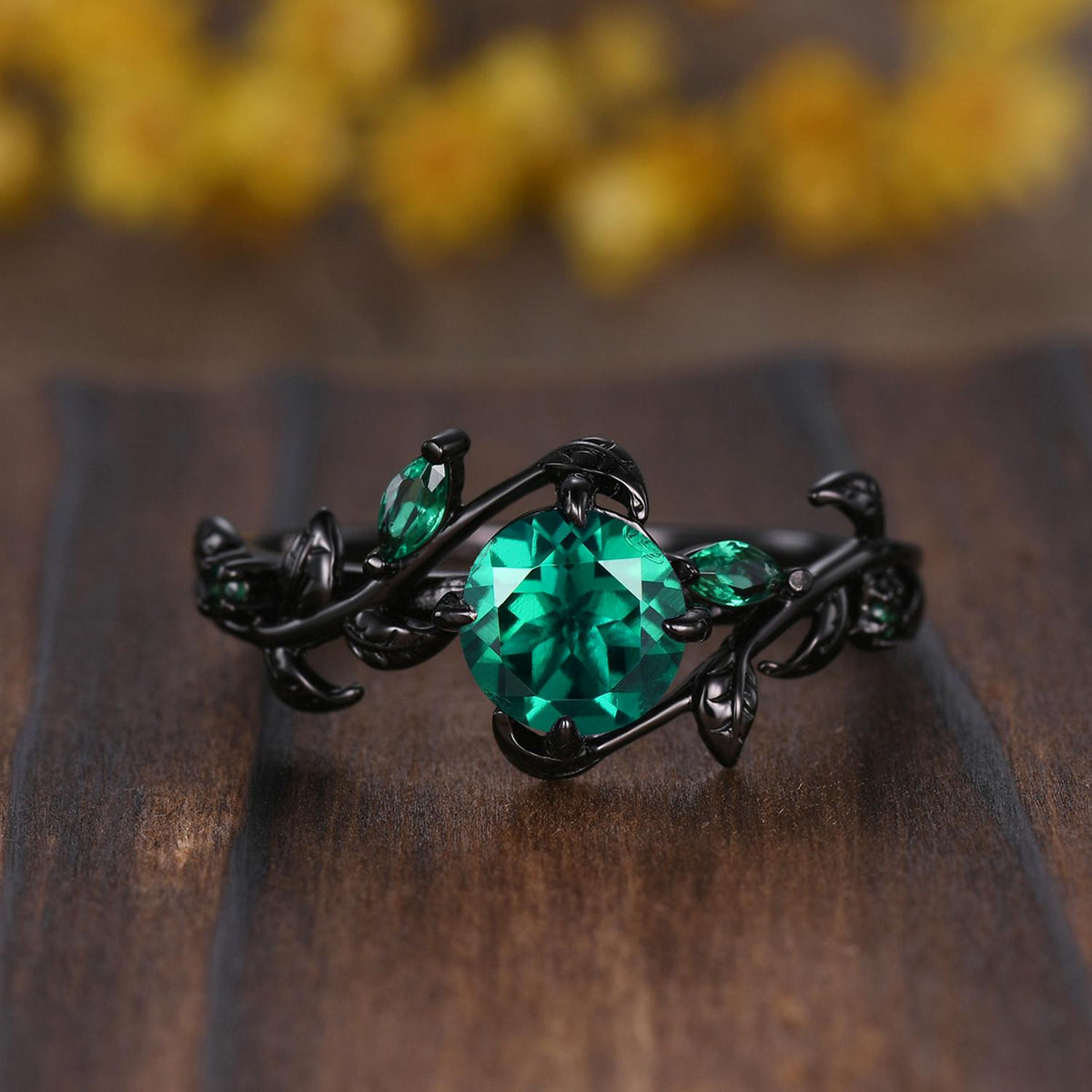 Gothic Couples Emerald Wedding Ring Set: Black Gold Promise Rings
