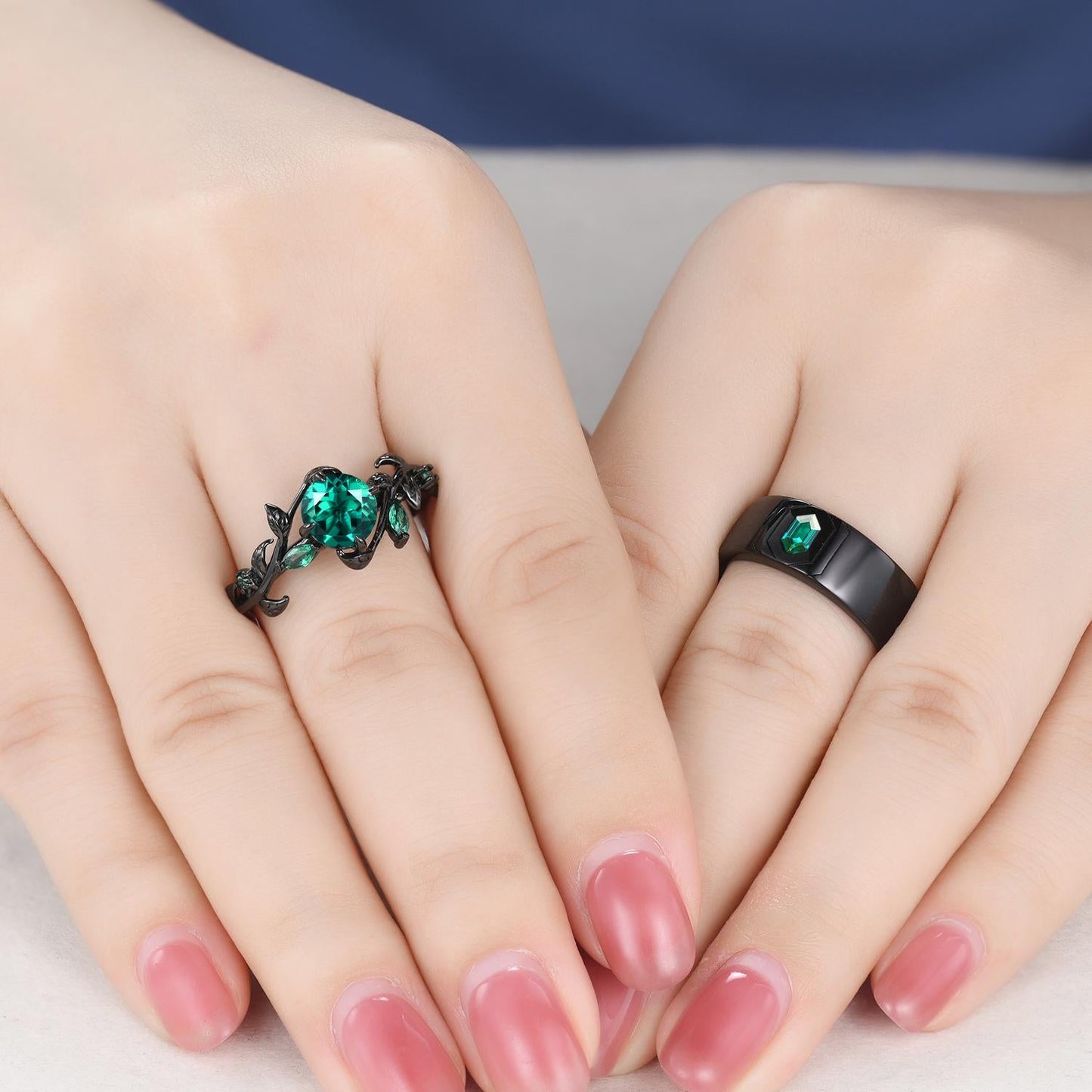 Gothic Couples Emerald Wedding Ring Set: Black Gold Promise Rings