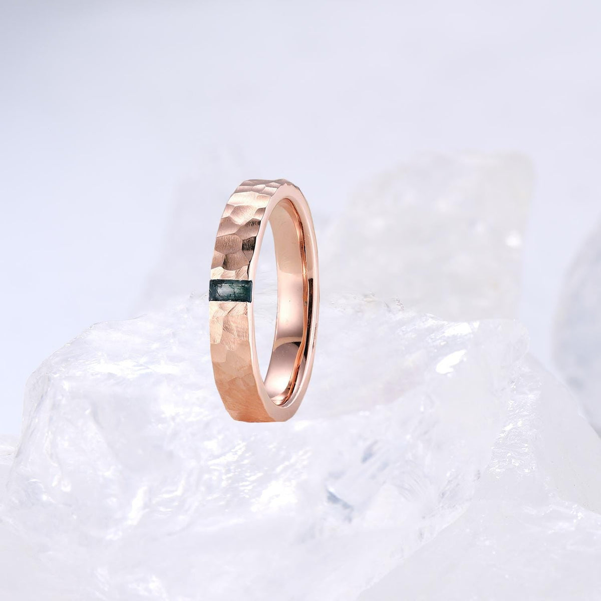 Couples moss agate ring set rose gold, baguette green agate engagement ring set men and women, His Hers wedding band Hammered wedding ring
