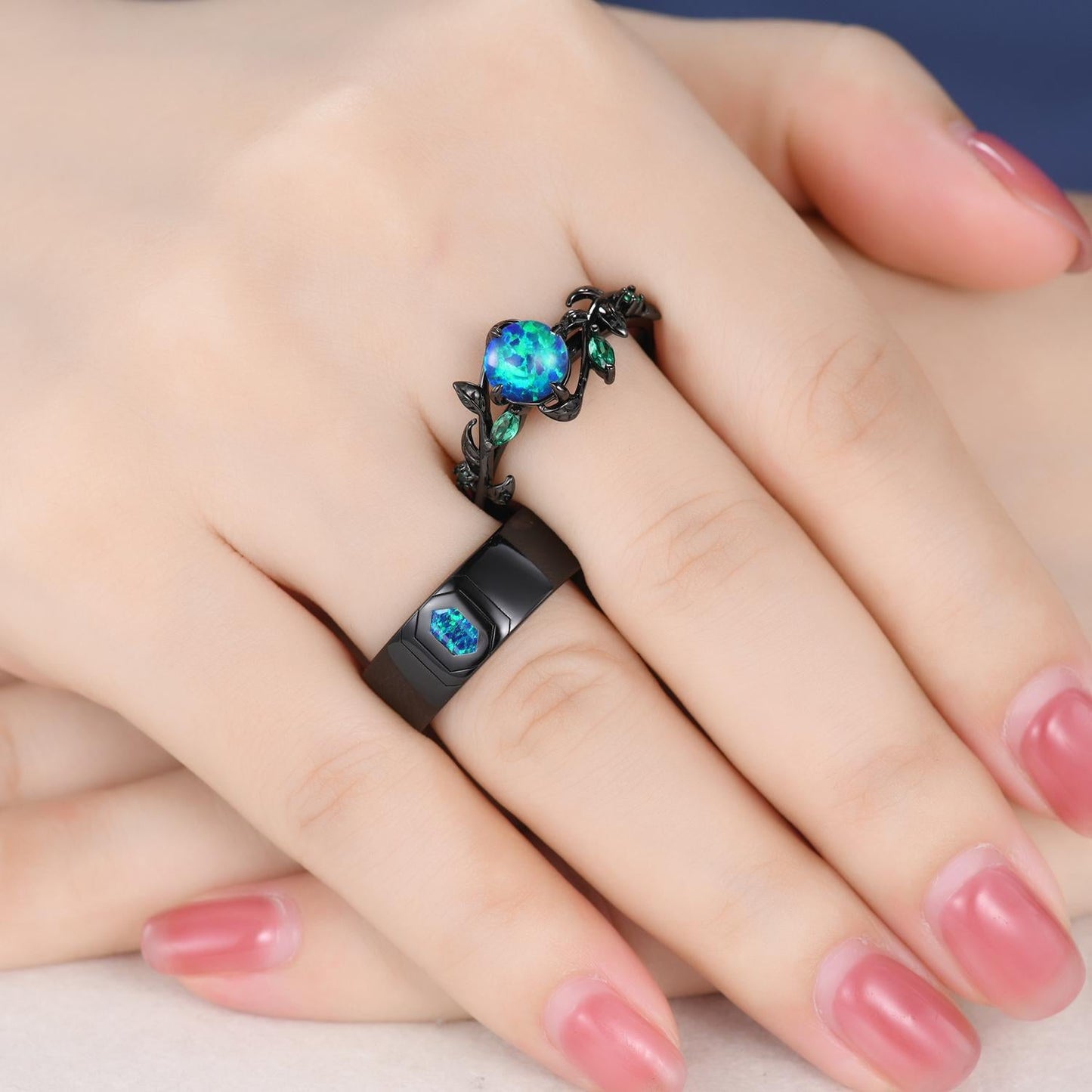 Gothic Black Opal Wedding Ring Set: Black Gold Couple Rings