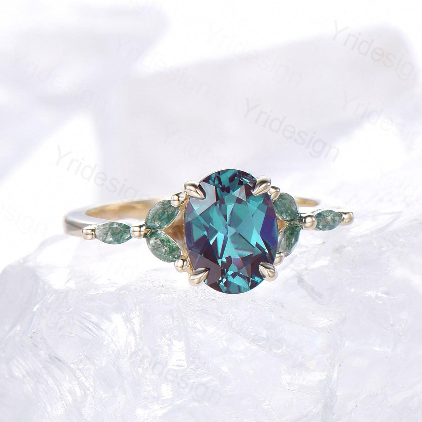 1.5CT Oval Cut Alexandrite Engagement Ring Art Deco Marquise Green Moss Agate Ring Yellow Gold Women Promise Anniversary Gift Bridal Ring