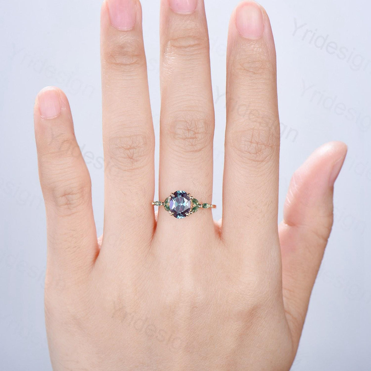 1.5CT Oval Cut Alexandrite Engagement Ring Art Deco Marquise Green Moss Agate Ring Yellow Gold Women Promise Anniversary Gift Bridal Ring
