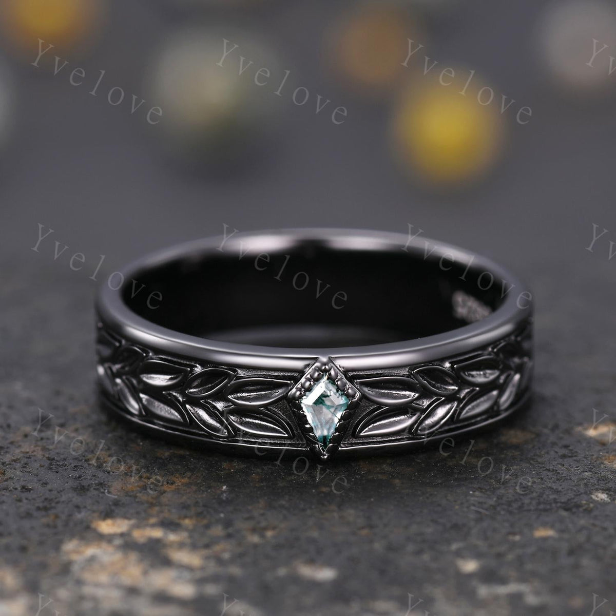 3/4 Eternity Kite Moss Agate Leaf Wedding Band Unisex Silver Black Ring Nature Inspired Promise Bridal Ring Custom Jewelry Rings For Men