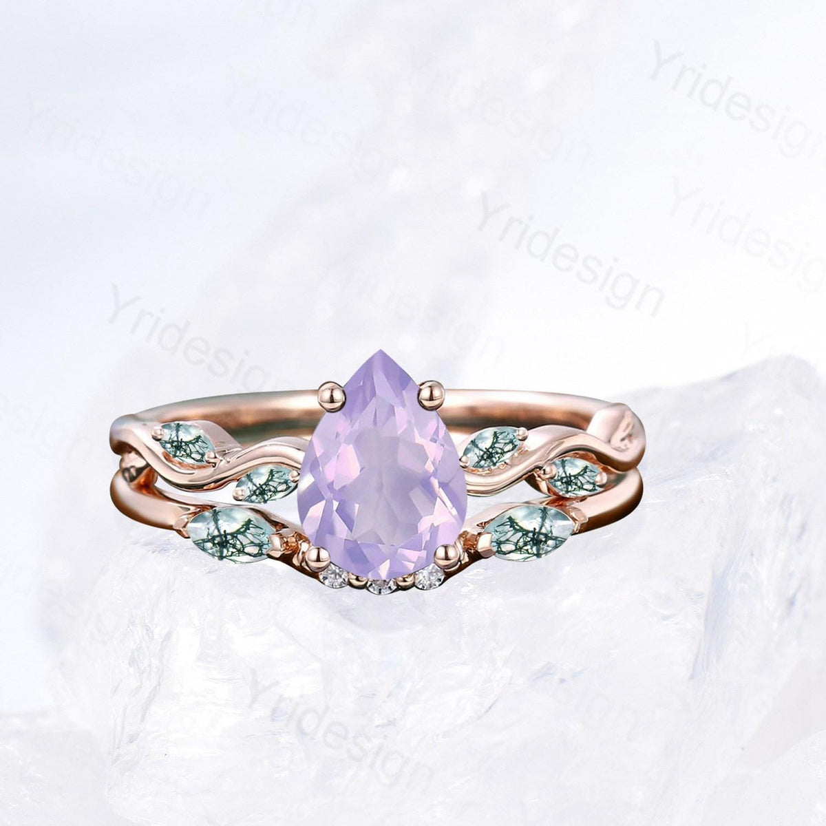 Natural Pear Shaped Lavender Amethyst Engagement Ring Set Unique Marquise Green Moss Agate Wedding Ring Set Rose Gold Stacking Band Women
