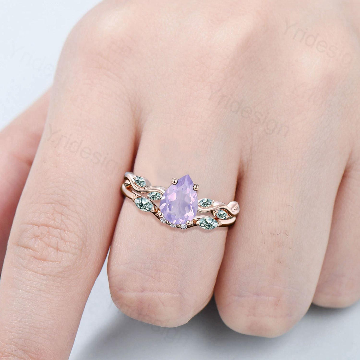 Natural Pear Shaped Lavender Amethyst Engagement Ring Set Unique Marquise Green Moss Agate Wedding Ring Set Rose Gold Stacking Band Women
