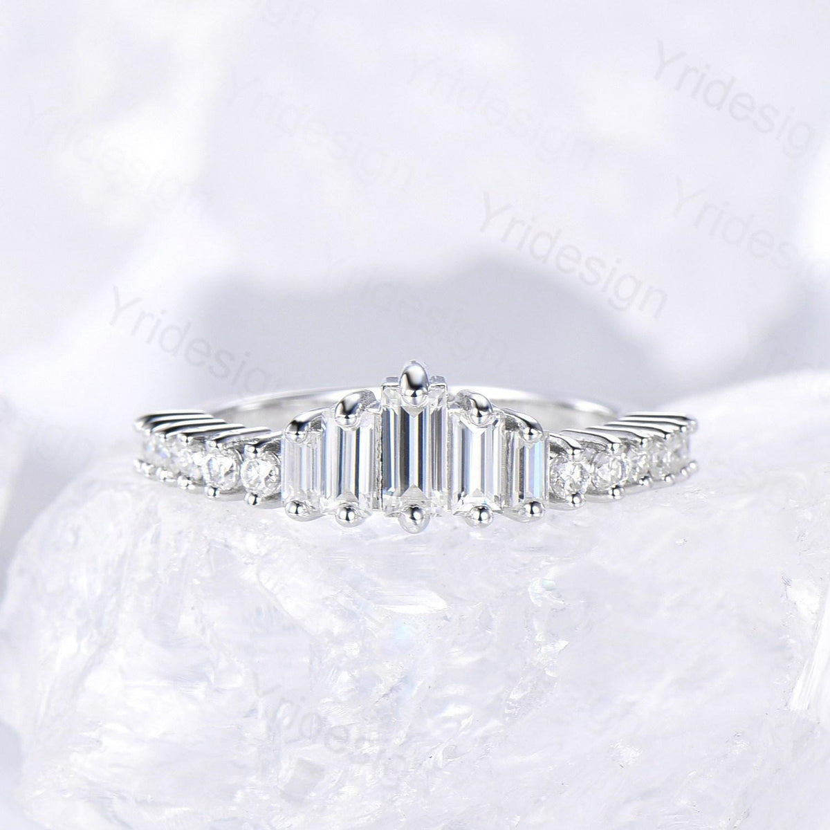 Baguette cut moissanite wedding band white gold platinum Diamond Anniversary Gift For Women, Matching Stacking Ring,Art Deco Promise Band