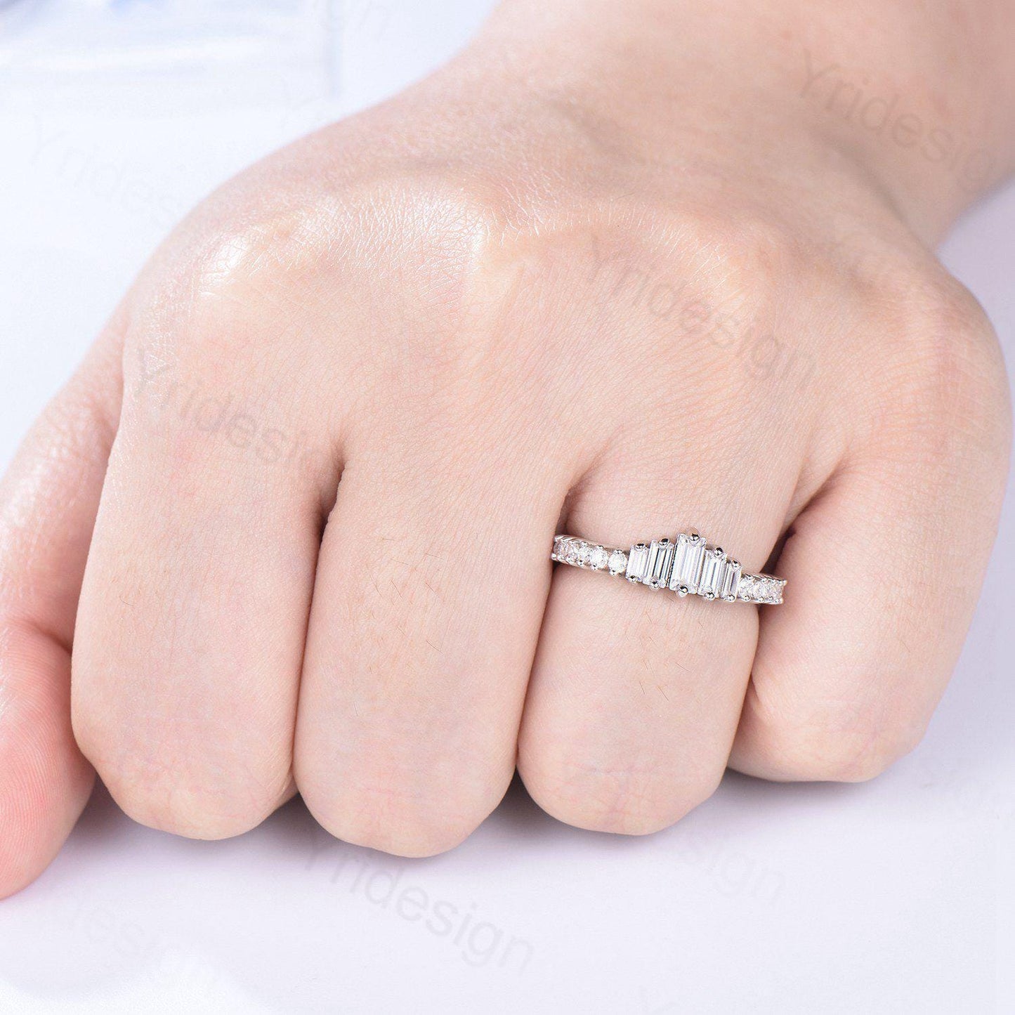 Baguette cut moissanite wedding band white gold platinum Diamond Anniversary Gift For Women, Matching Stacking Ring,Art Deco Promise Band