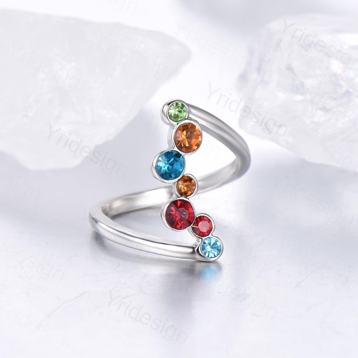 Unique multi-stone blue wedding engagement ring, Garnet/Citrine/ Swiss topaz/Emerald stacking wedding band ring, Anniversary Promise Gift