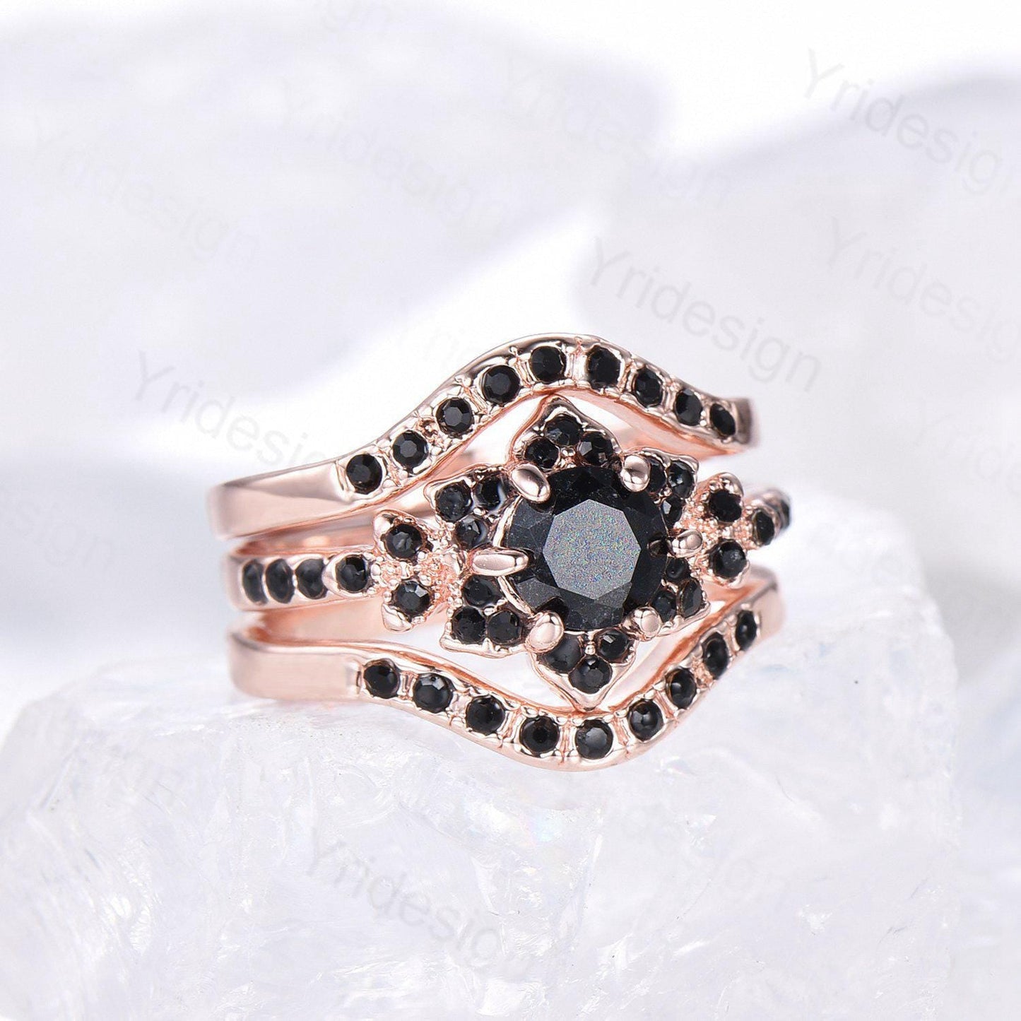 Floral Lotus Black Onyx Engagement Ring Set 3pcs Cluster Black Spinel Wedding Ring Set Unique Black Stone Anniversary Gift Women Bridal Set