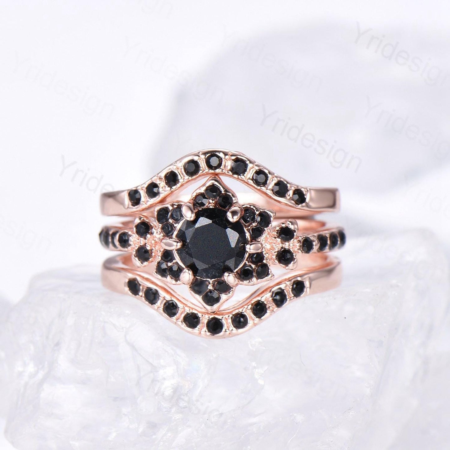 Floral Lotus Black Onyx Engagement Ring Set 3pcs Cluster Black Spinel Wedding Ring Set Unique Black Stone Anniversary Gift Women Bridal Set