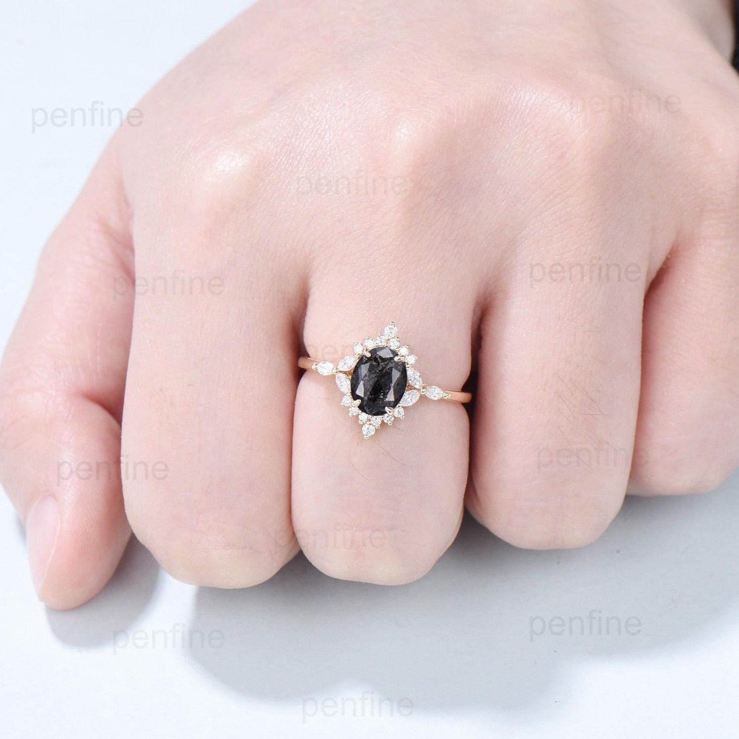 Vintage salt and pepper diamond engagement ring 14k rose gold marquise cut diamond cluster ring unique promise ring anniversary gift for Her