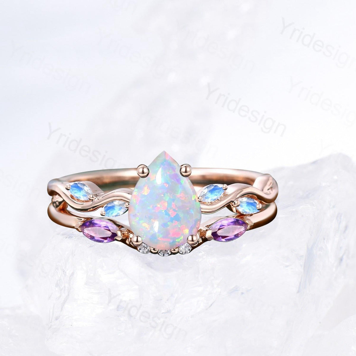 Vintage Pear Shaped White Opal Engagement Ring Set Unique Marquise Moonstone Opal Wedding Ring Set Rose Gold  Amethyst Stacking Band Women